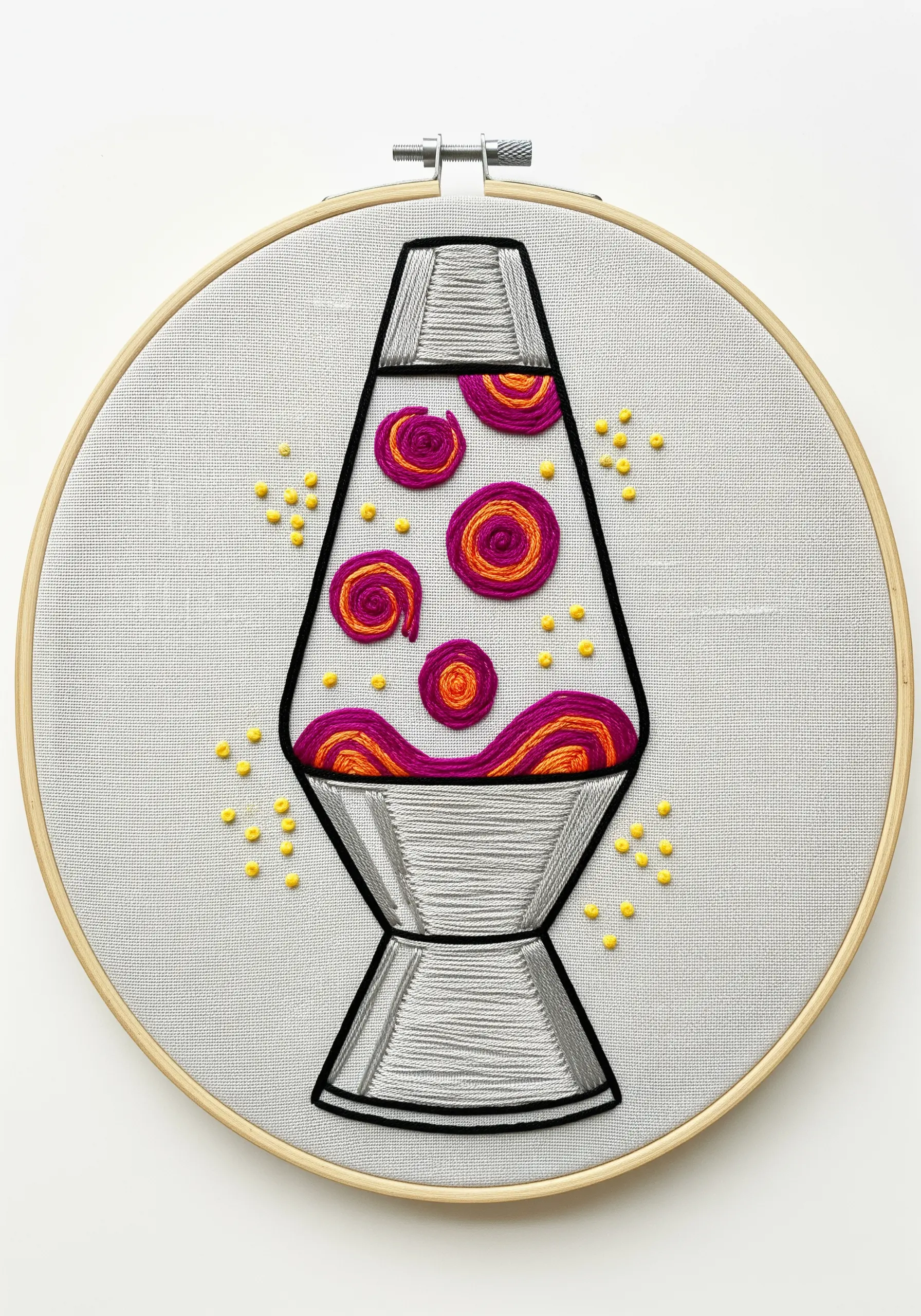Retro lava lamp embroidery with swirling, multicolored stitches for the lava.
