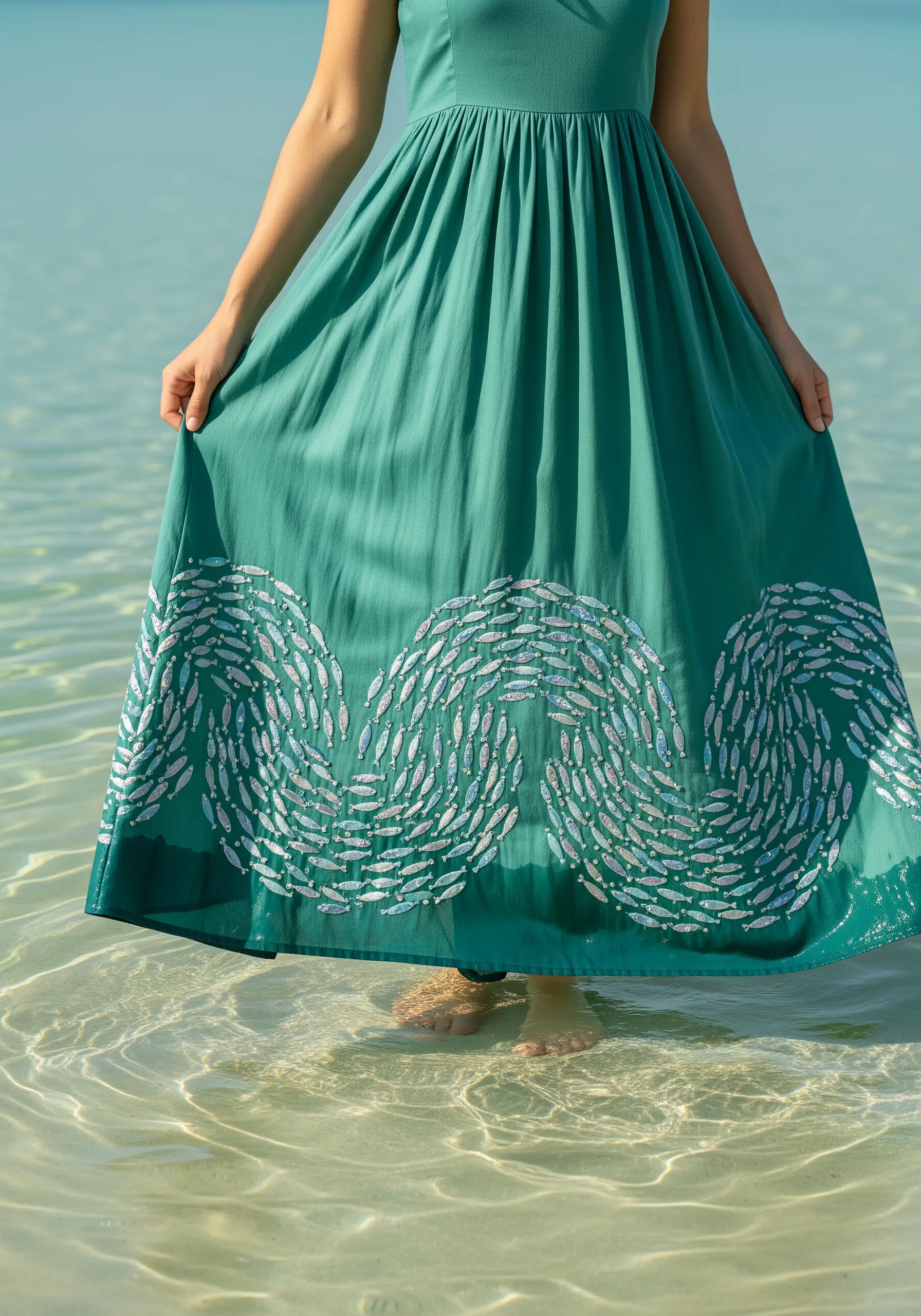 A swirling school of tiny silver fish embroidered along the hem of a teal green dress.