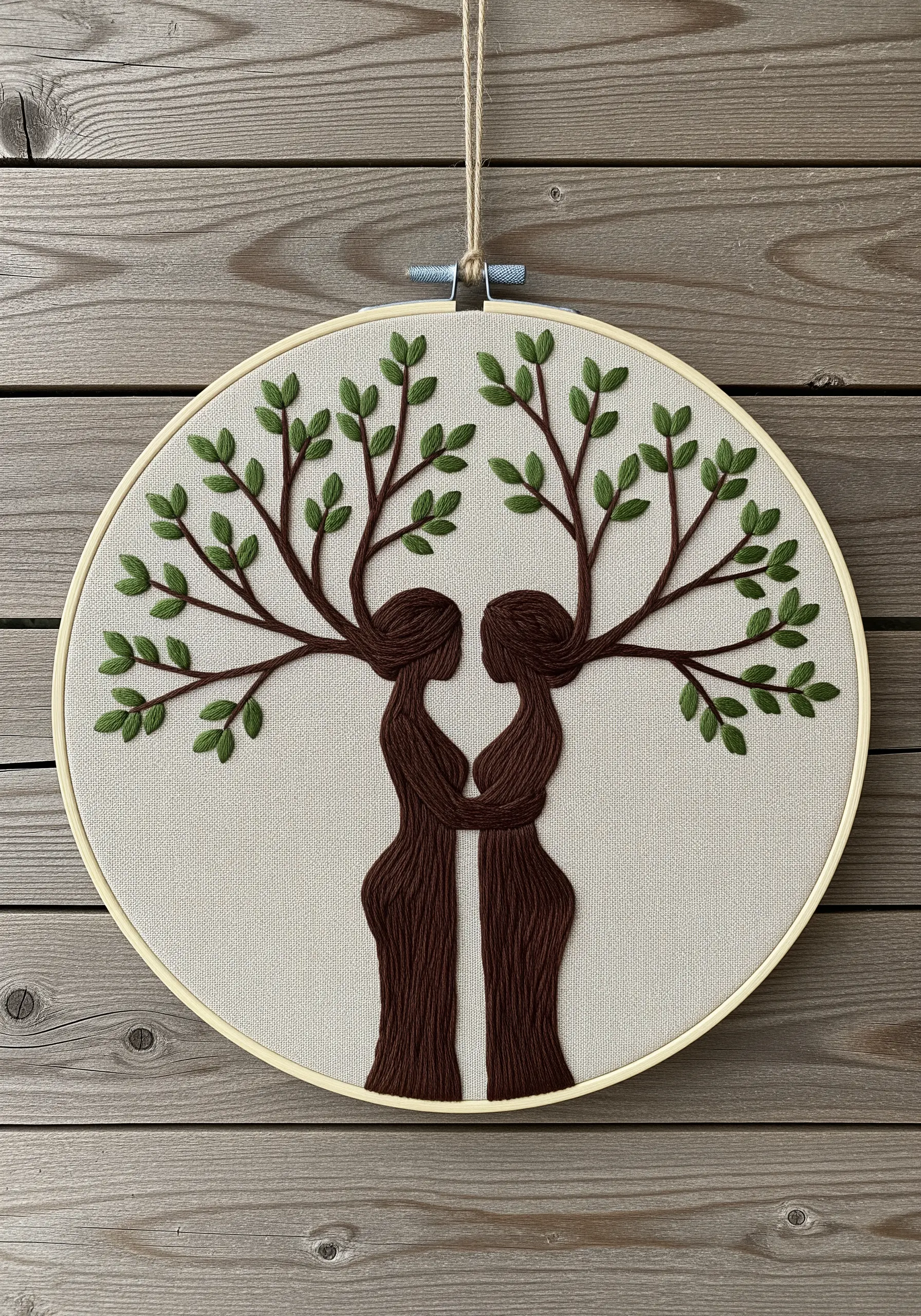 Two figures whose hair and arms transform into tree branches with green leaves.