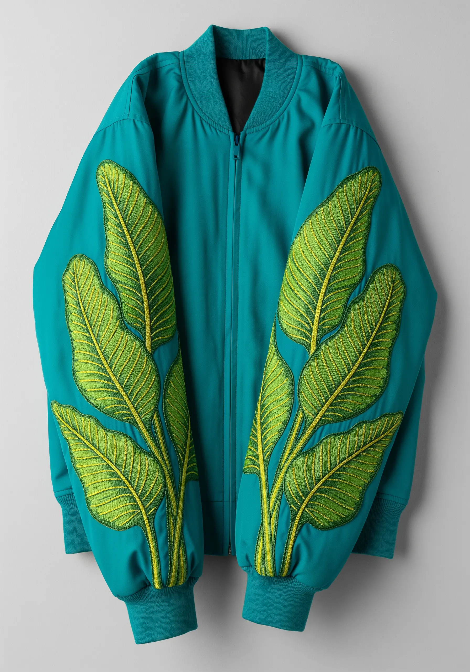 Large banana leaves with yellow veins embroidered symmetrically on bomber jacket sleeves.