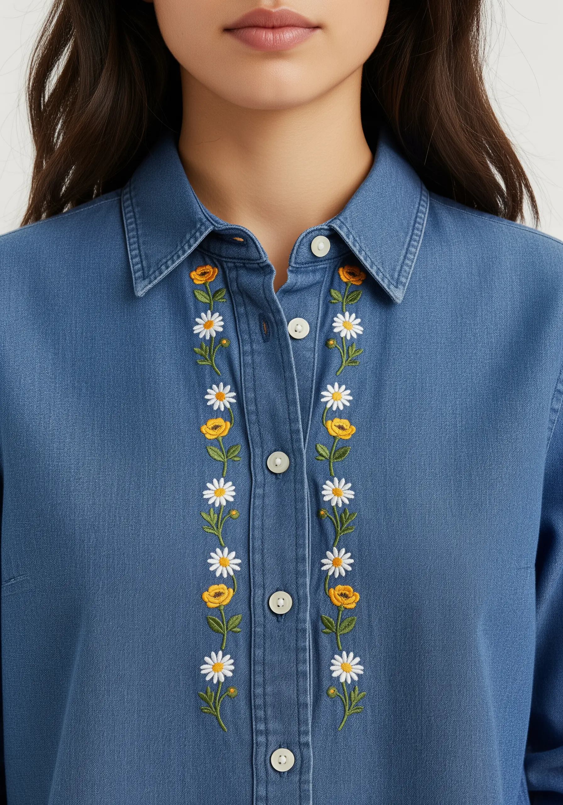 Symmetrical daisy and buttercup vines embroidered along the button placket of a denim shirt.
