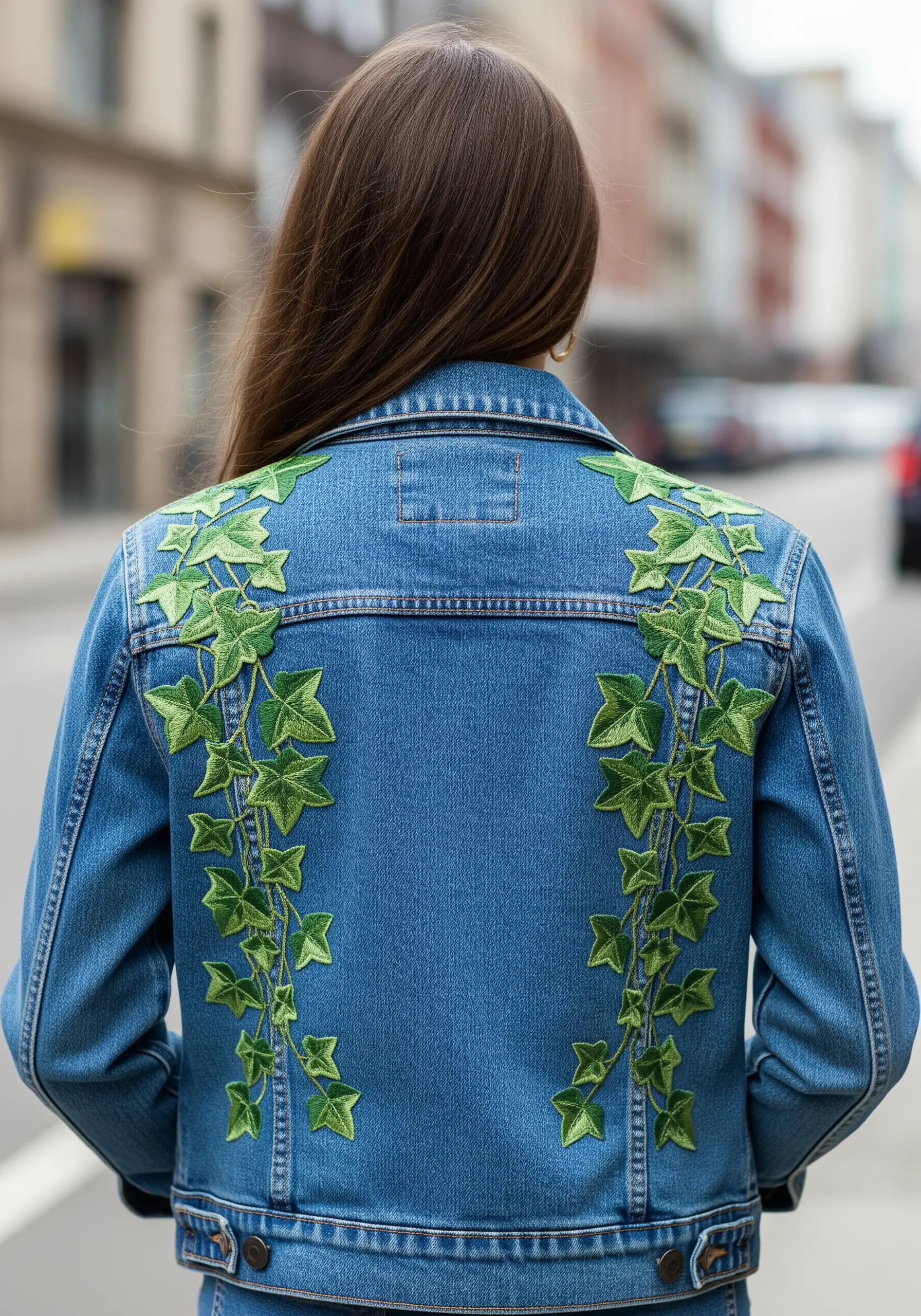 Symmetrical ivy vines embroidered on the back panels of a blue denim jacket.