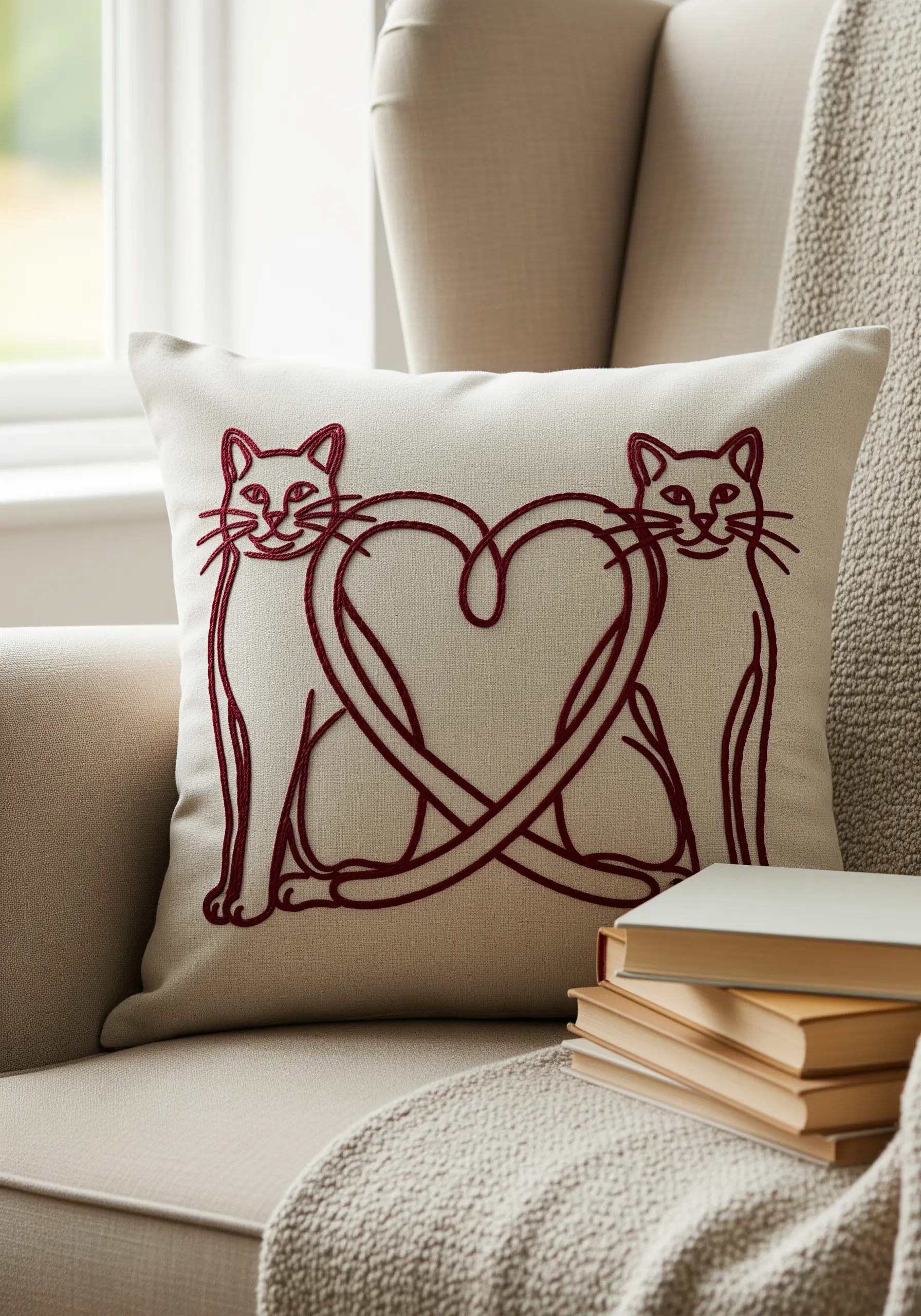 Symmetrical embroidery of two cats whose tails form a heart on a cushion.