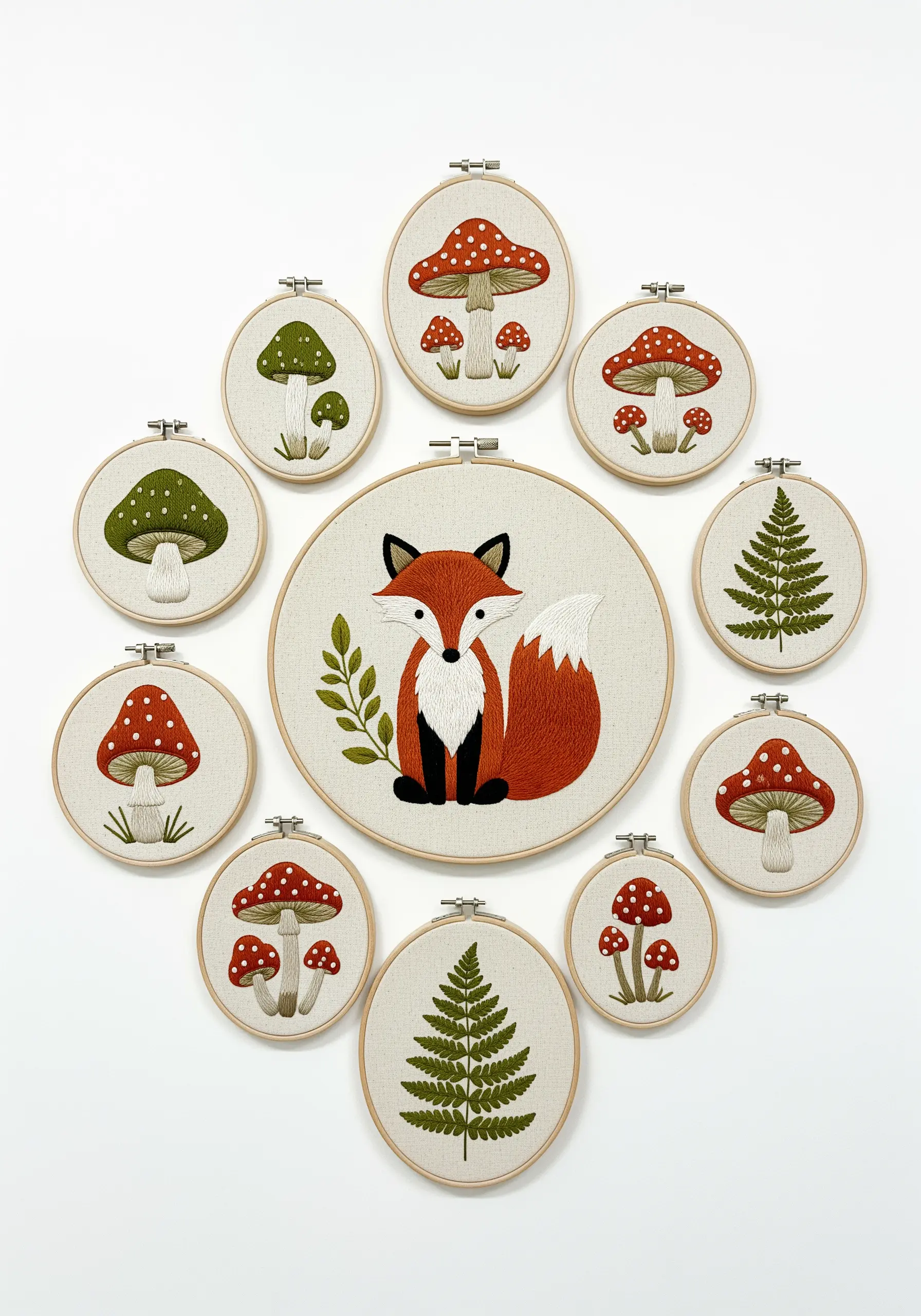 A central fox embroidery hoop surrounded symmetrically by smaller hoops of mushrooms and ferns.