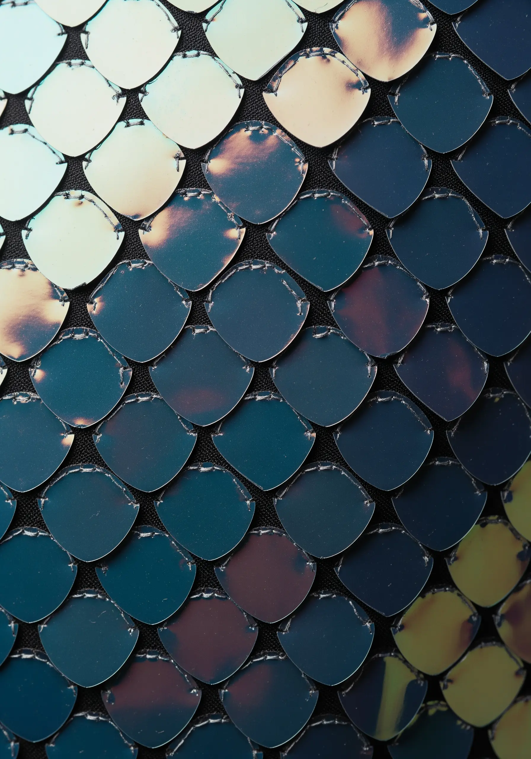 Close-up of iridescent, fish-scale-like sequins stitched in overlapping rows on fabric.