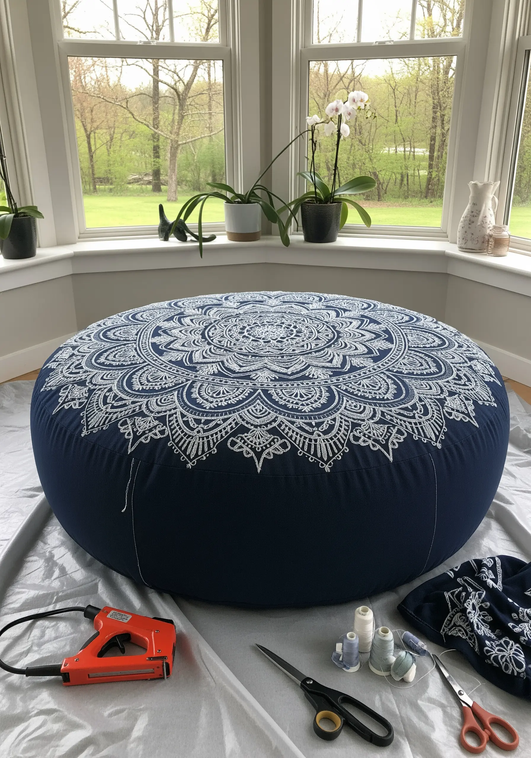 A large, round navy blue floor cushion being embroidered with an intricate white mandala pattern.