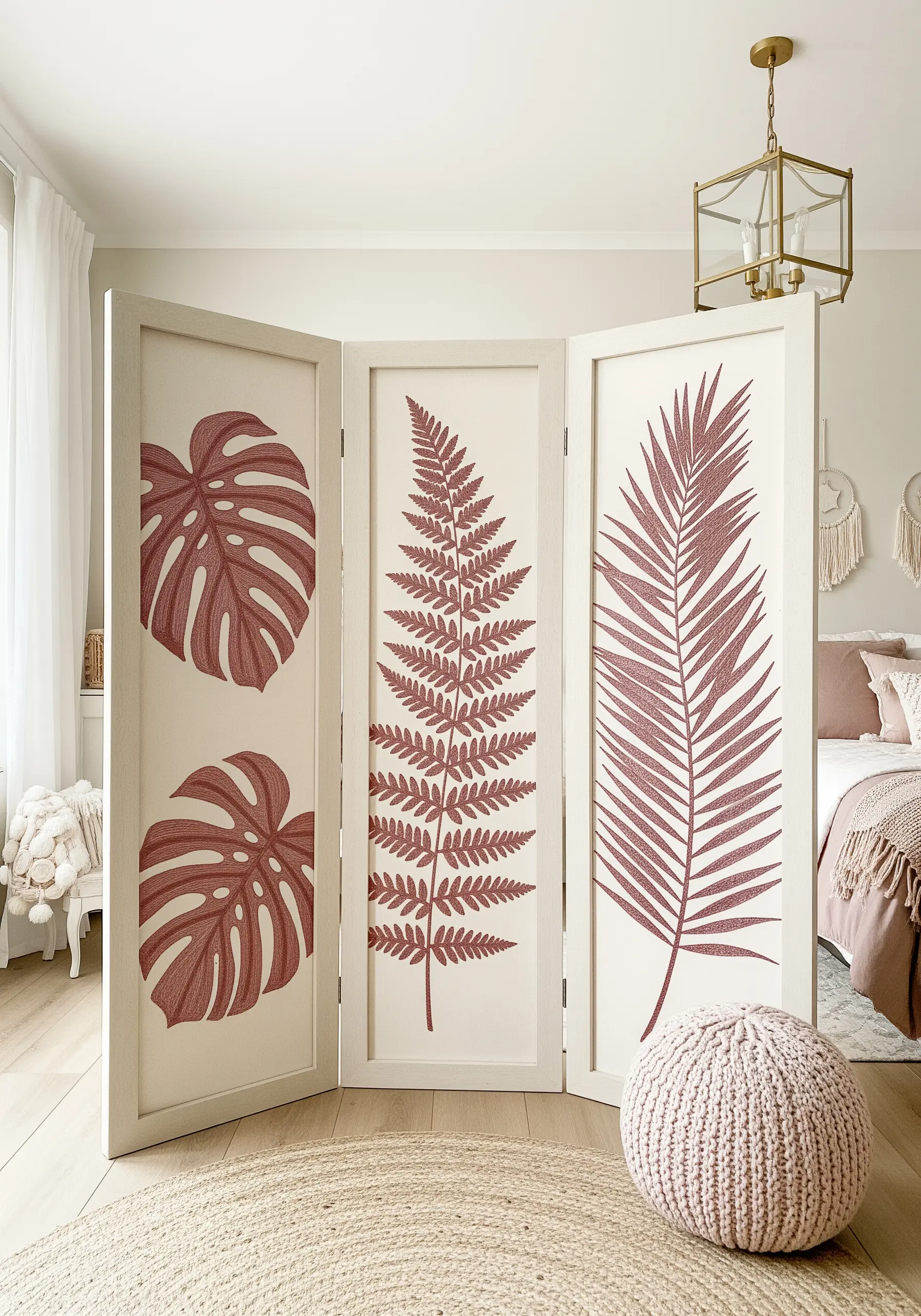 A room divider with large dusty rose botanical leaf silhouettes embroidered on ivory panels.