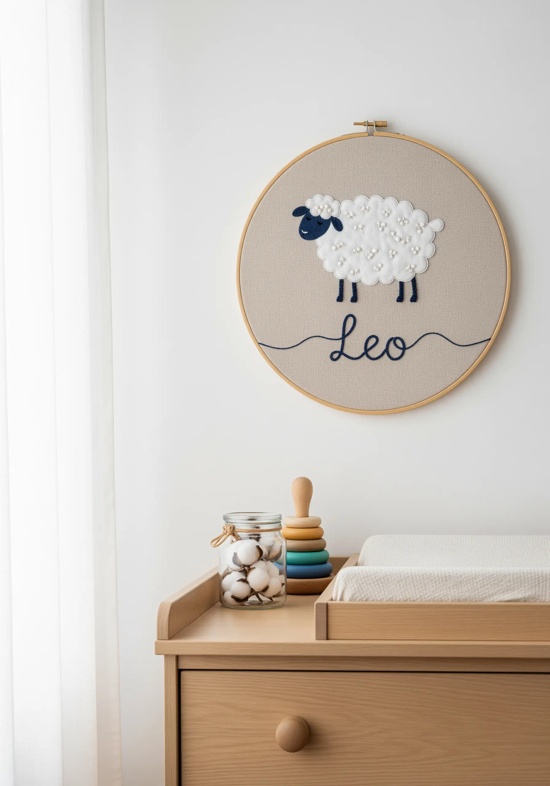 Nursery hoop art with an appliquéd sheep covered in French knots and the name 'Leo'.
