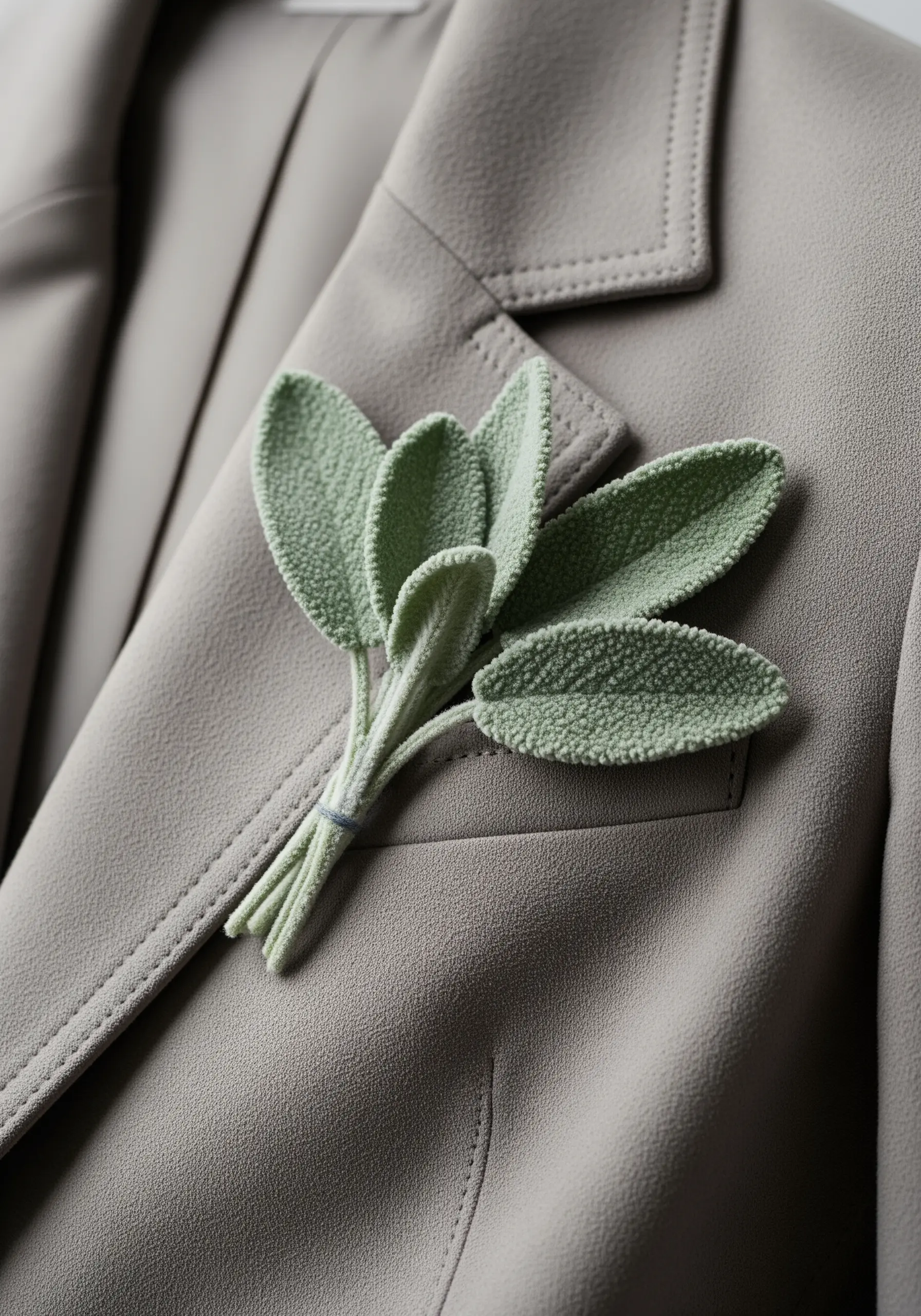 Fuzzy, 3D sage leaves made with Turkey work stitch on a gray blazer lapel.