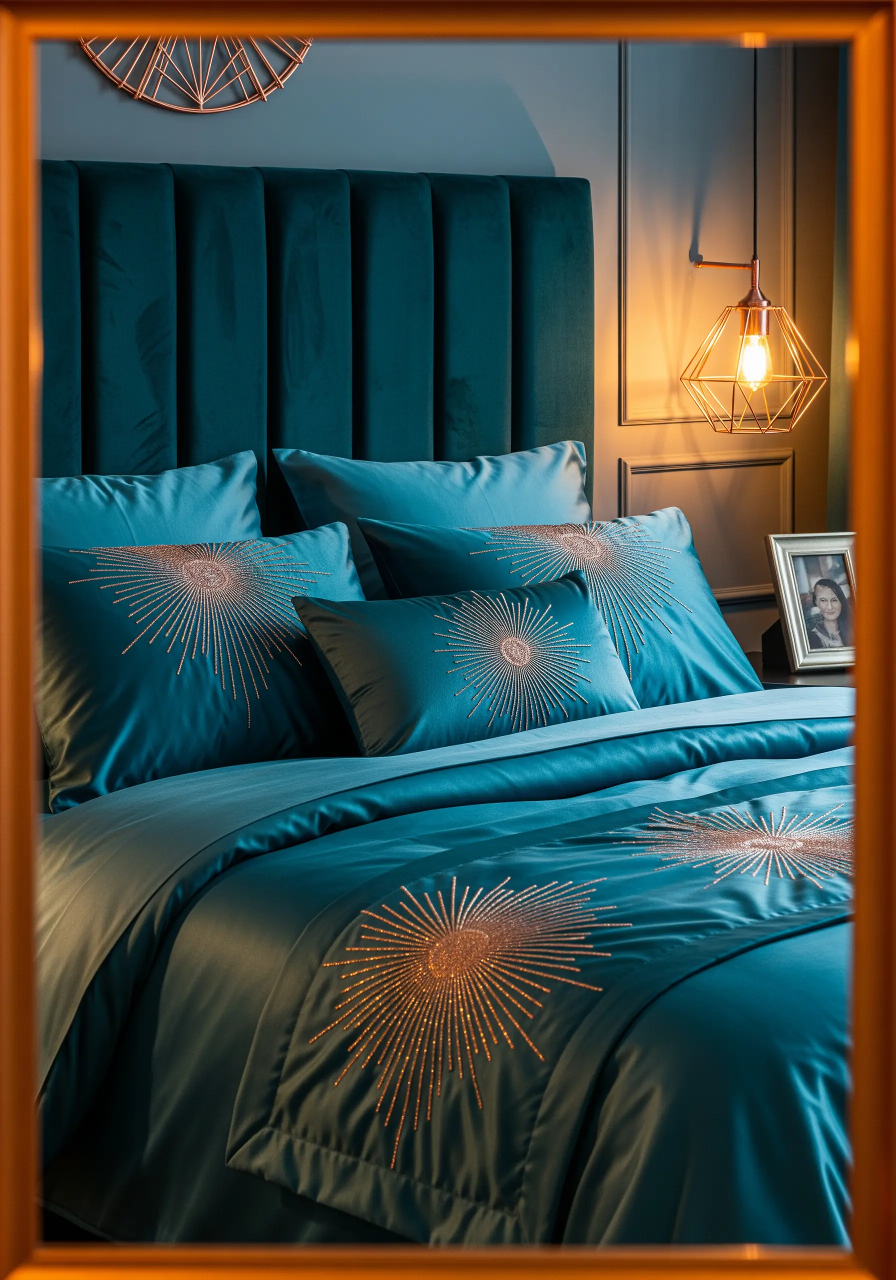 Gold sunburst embroidery on deep teal satin pillows and duvet in a luxe bedroom