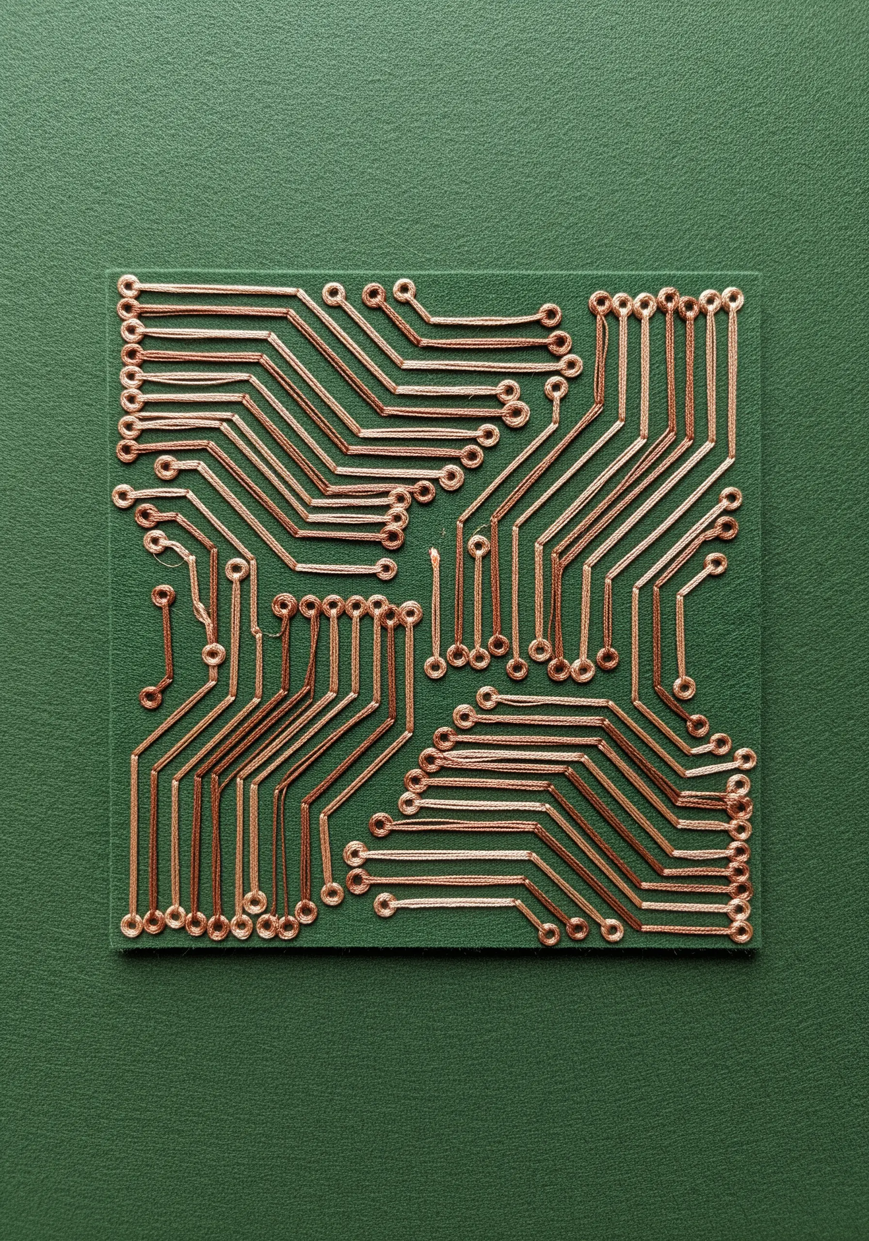Embroidery of a computer circuit board using copper-colored thread on green fabric.