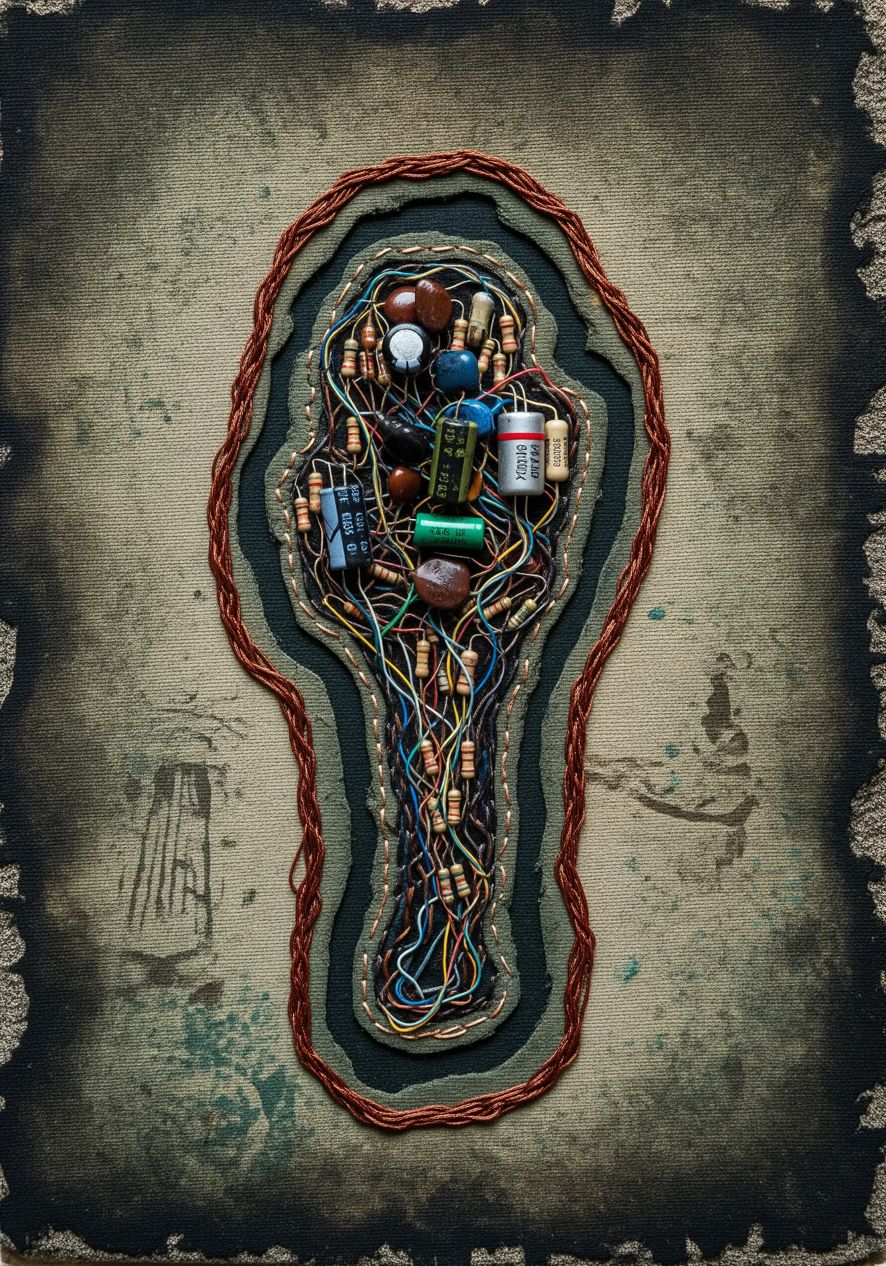 A collection of electronic components and wires stitched onto fabric within an organic shape.