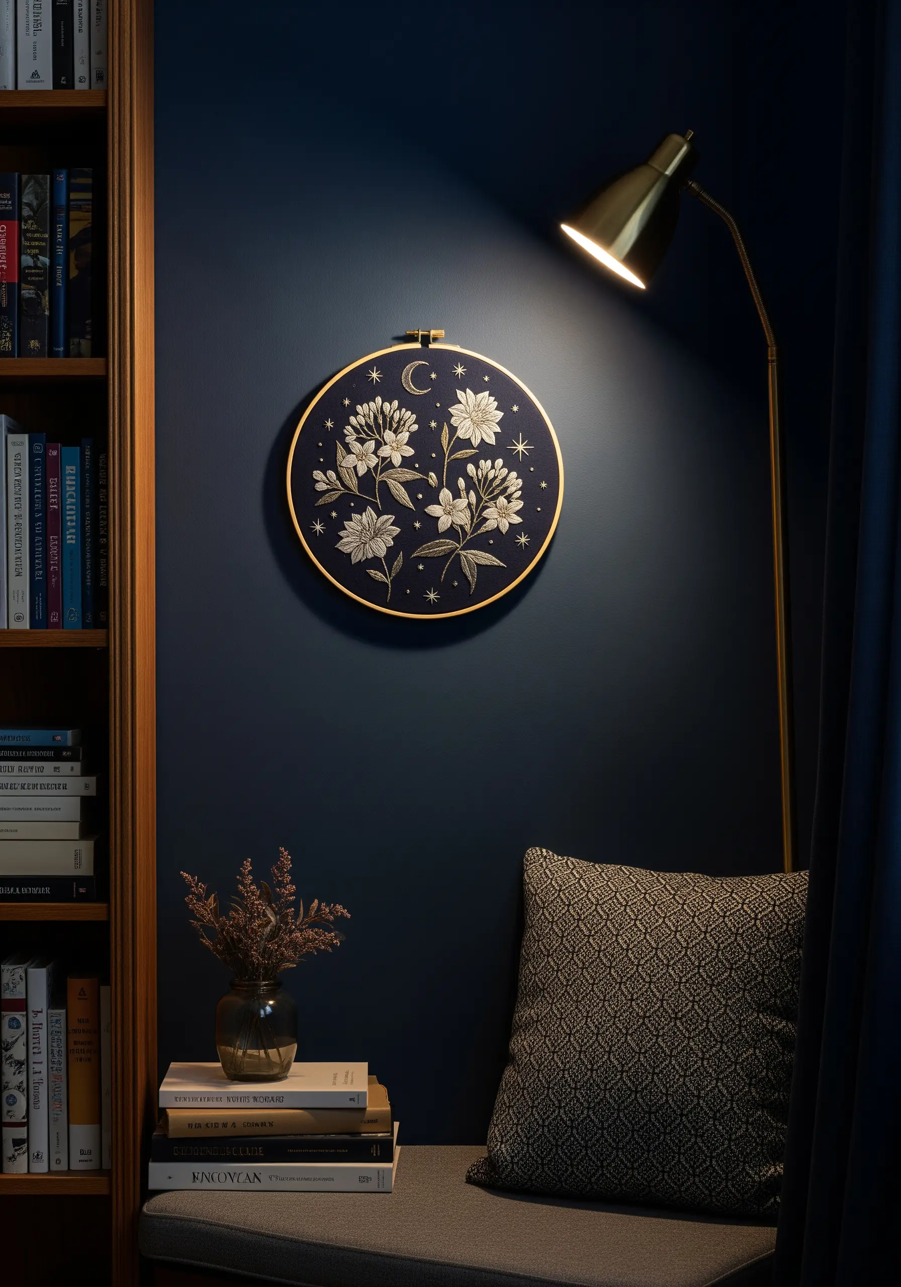 White and cream floral embroidery with a gold crescent moon and stars on dark navy fabric.