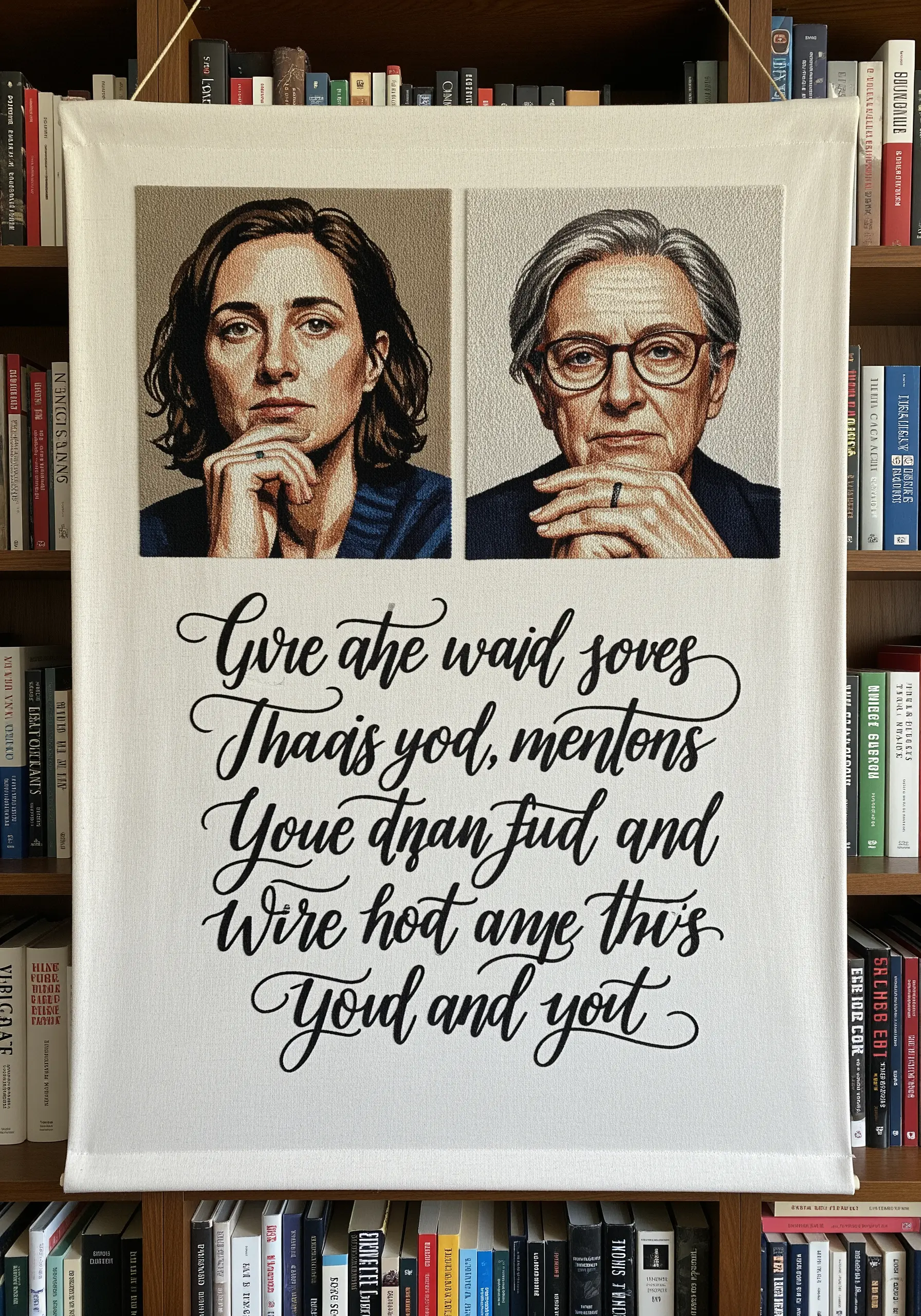 An embroidered wall hanging featuring two separate portraits above a block of elegant script.