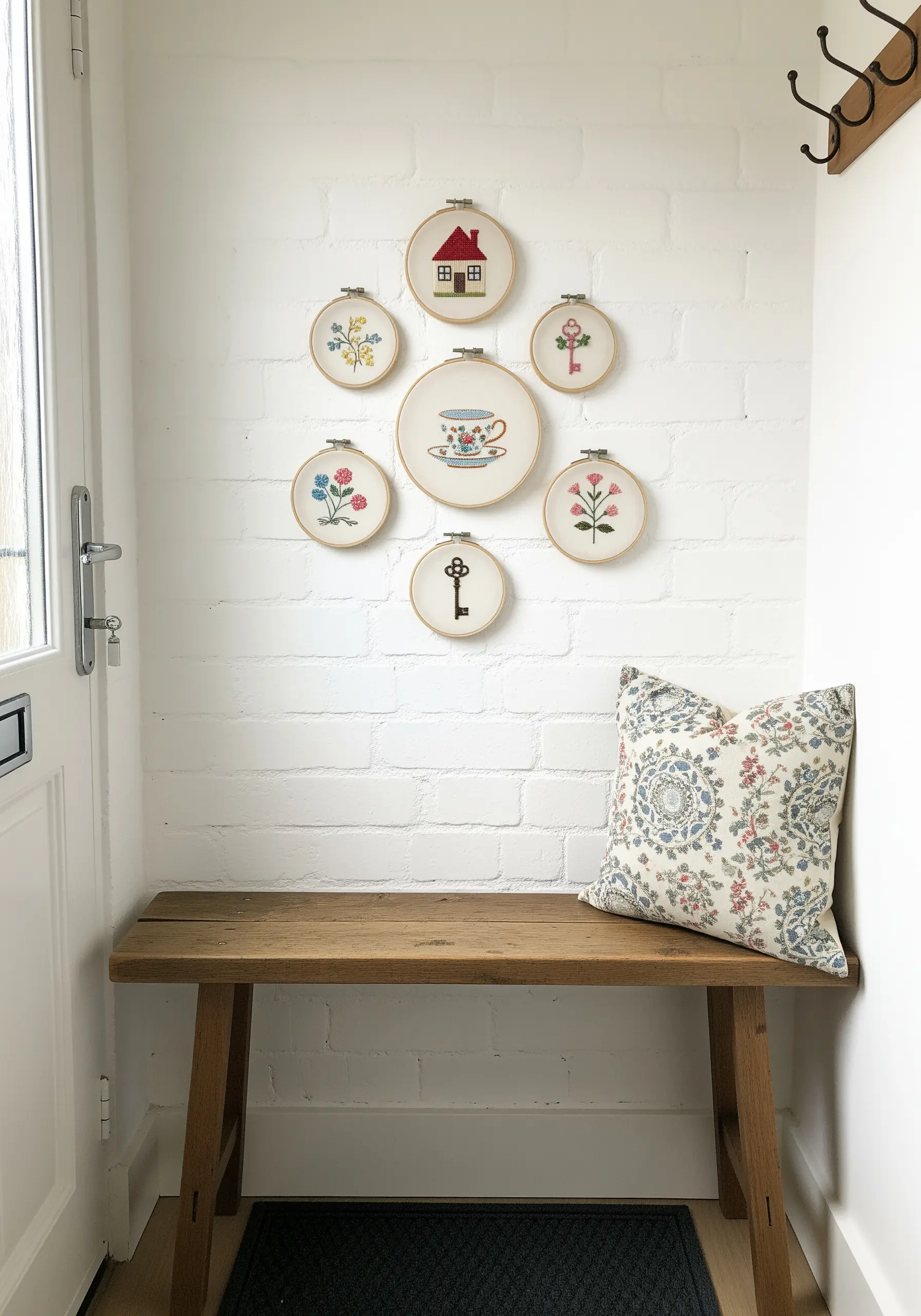 A collection of small, cottage-themed embroidery hoops displayed on a white brick wall.