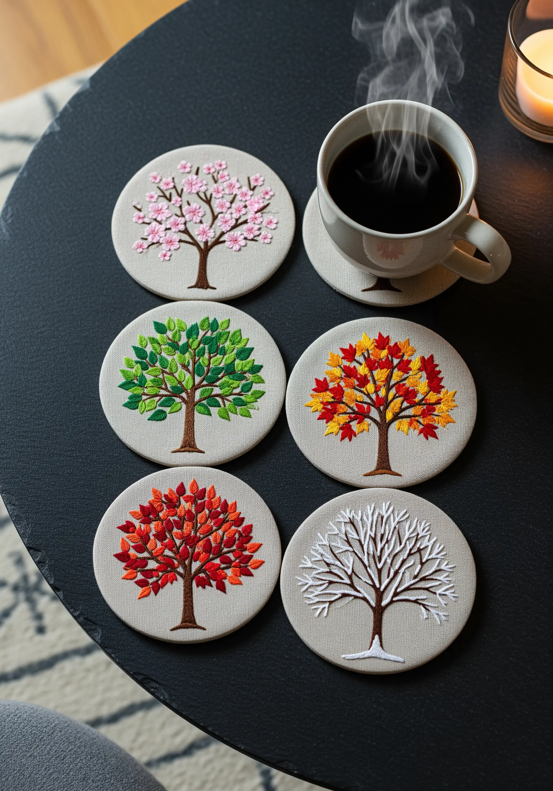 Set of five embroidered coasters showing a tree in different seasons.