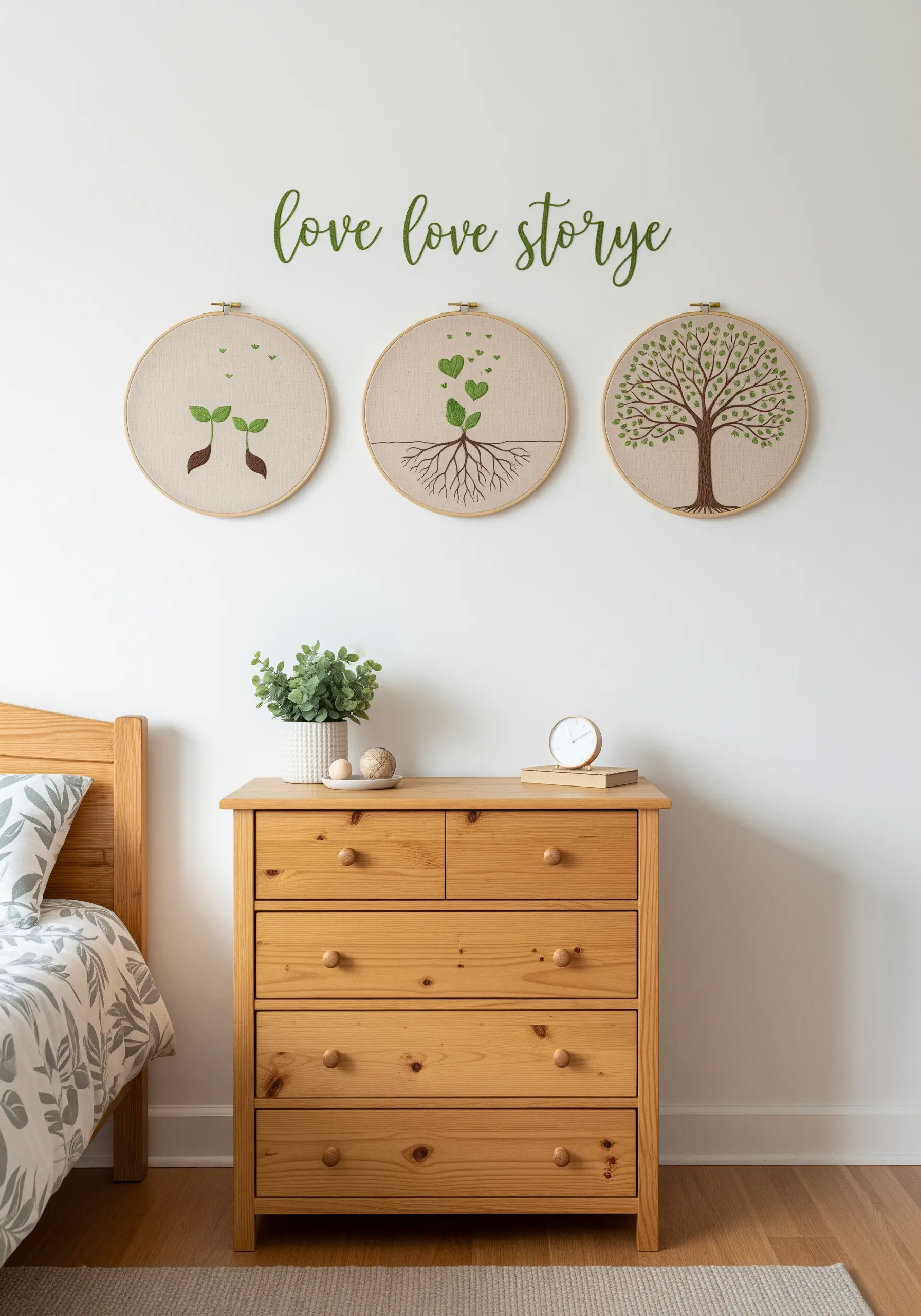 A triptych of three embroidery hoops showing the growth of a tree from seed to full bloom.