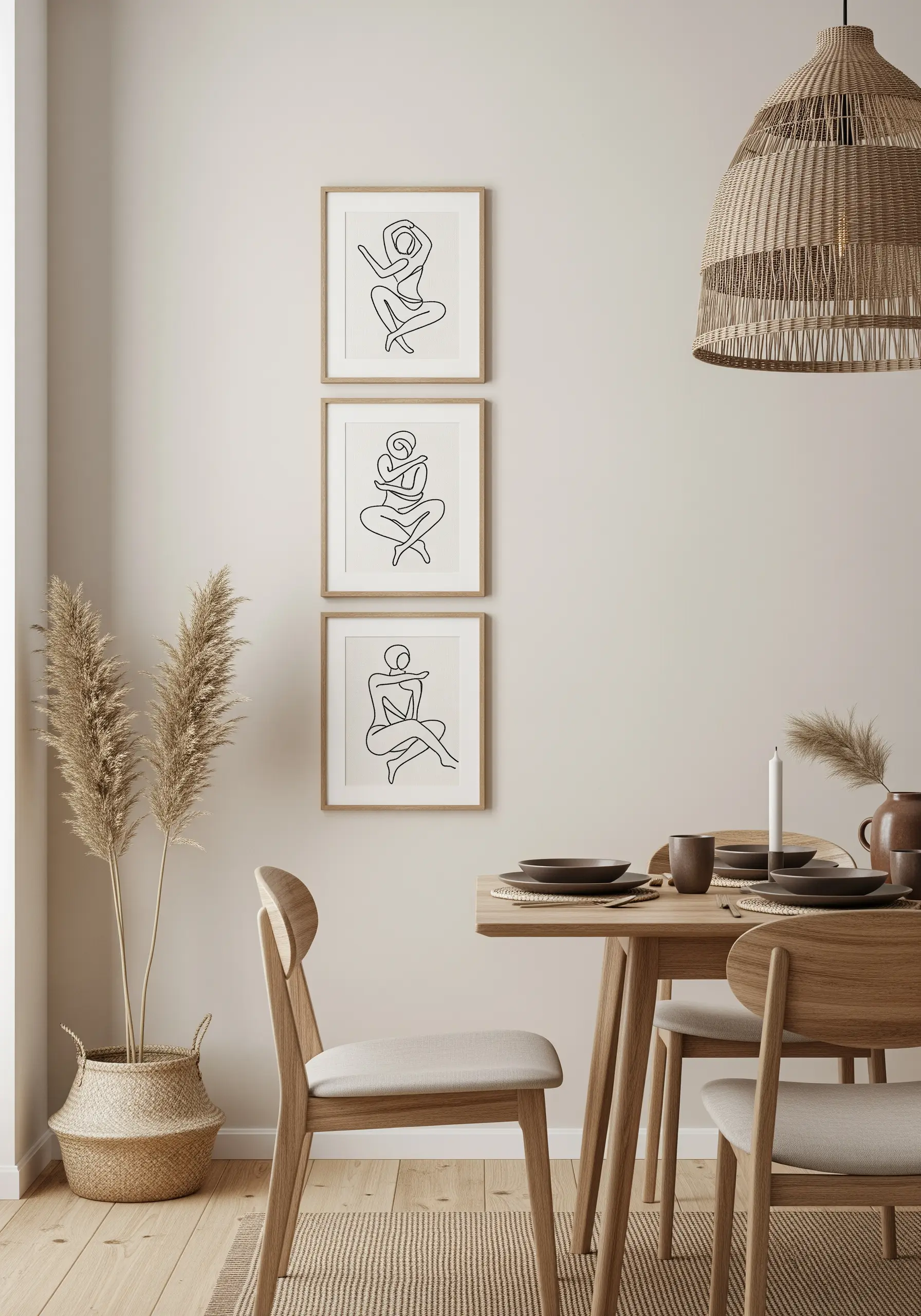 A triptych of framed embroideries, each showing a different abstract seated figure.