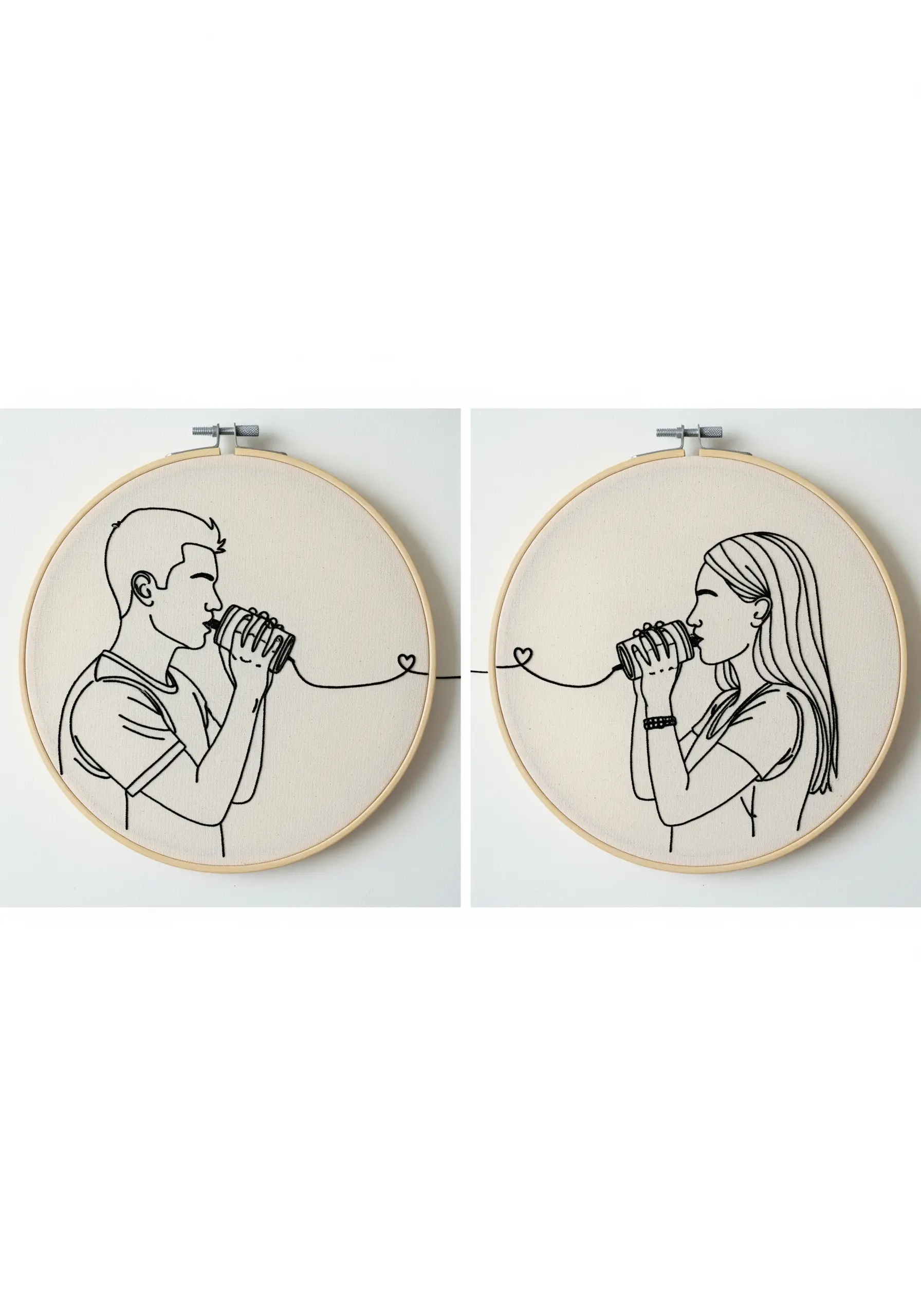 Diptych embroidery showing a man and woman connected by a tin can phone line across two hoops.