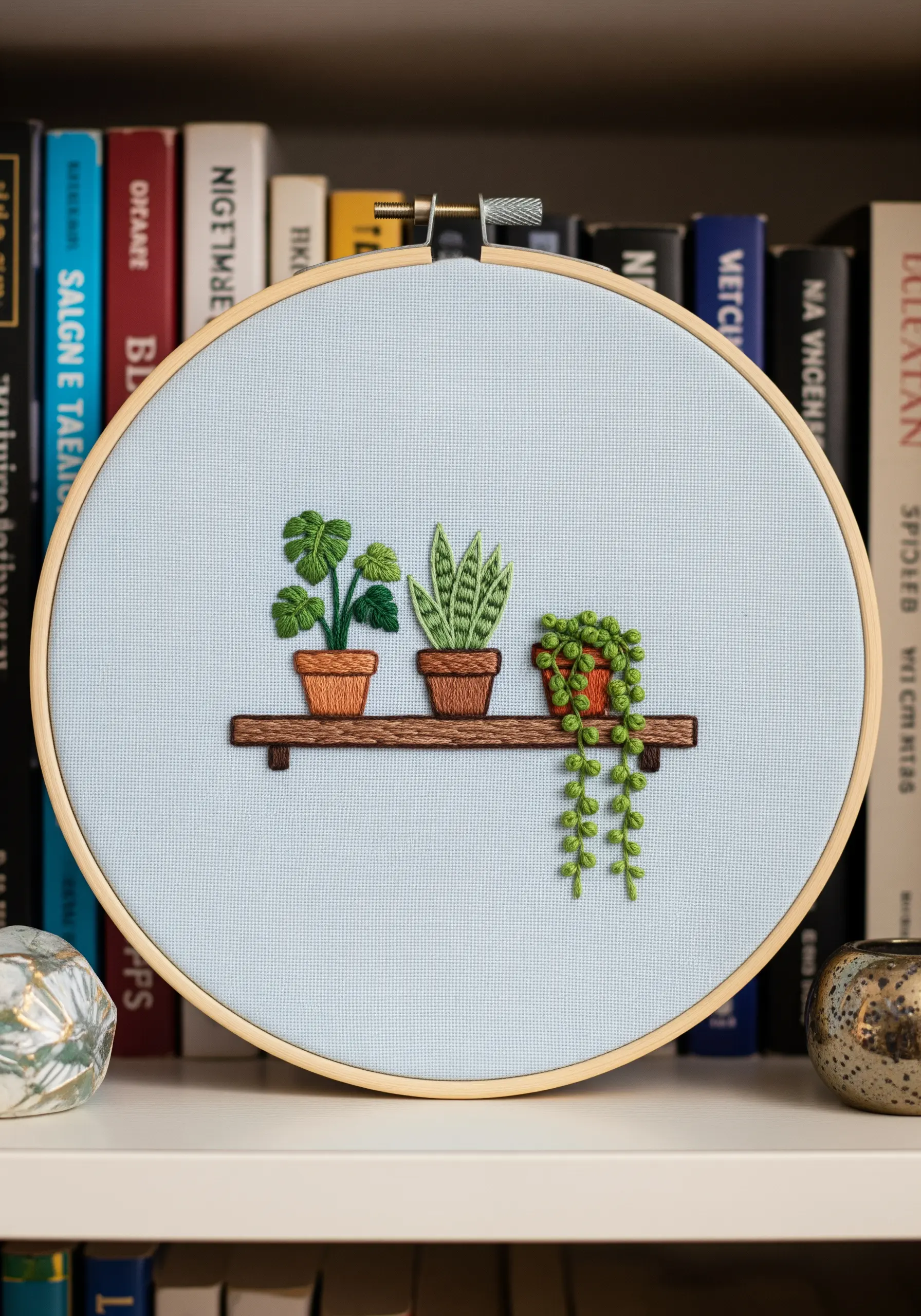 Miniature embroidered shelf holding three tiny, detailed houseplants in a hoop.