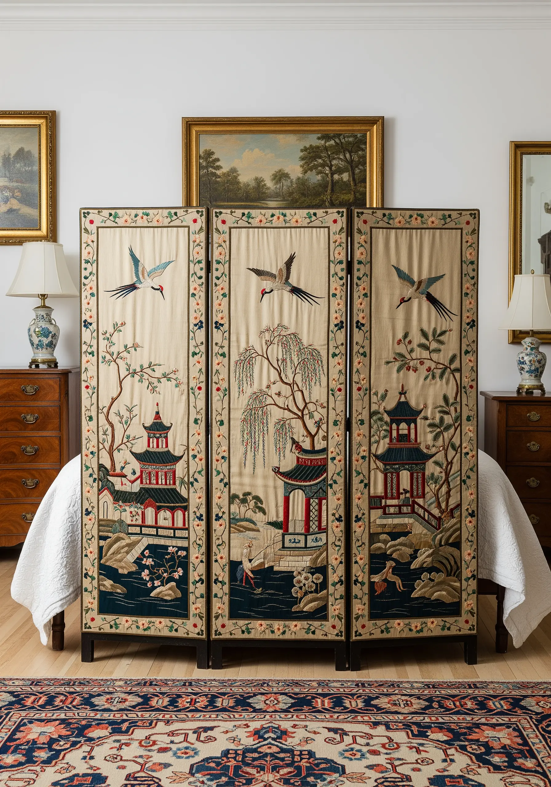 A three-panel folding screen with embroidered Chinoiserie scenes of birds and pagodas.