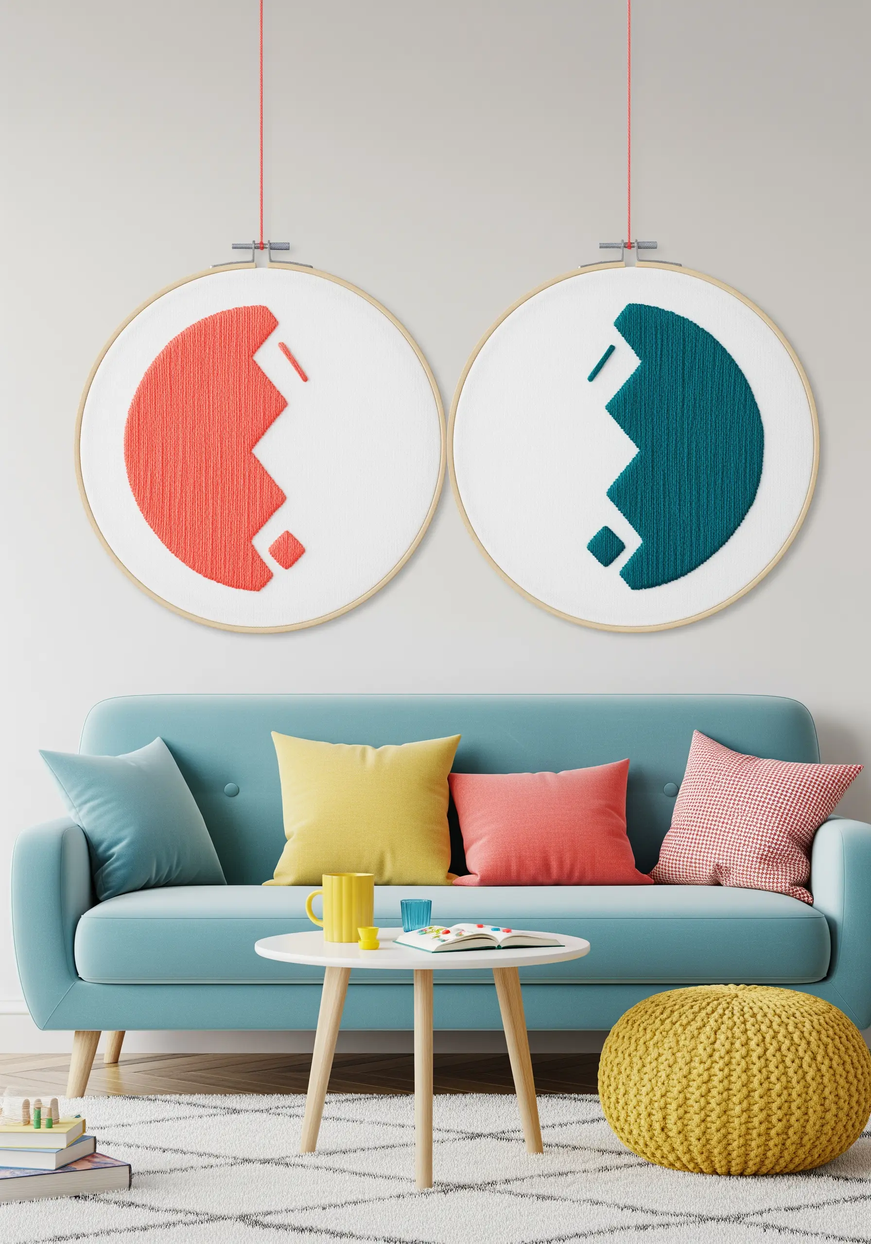 Two embroidery hoops hung as a pair, each with a complementary abstract shape in red and blue.