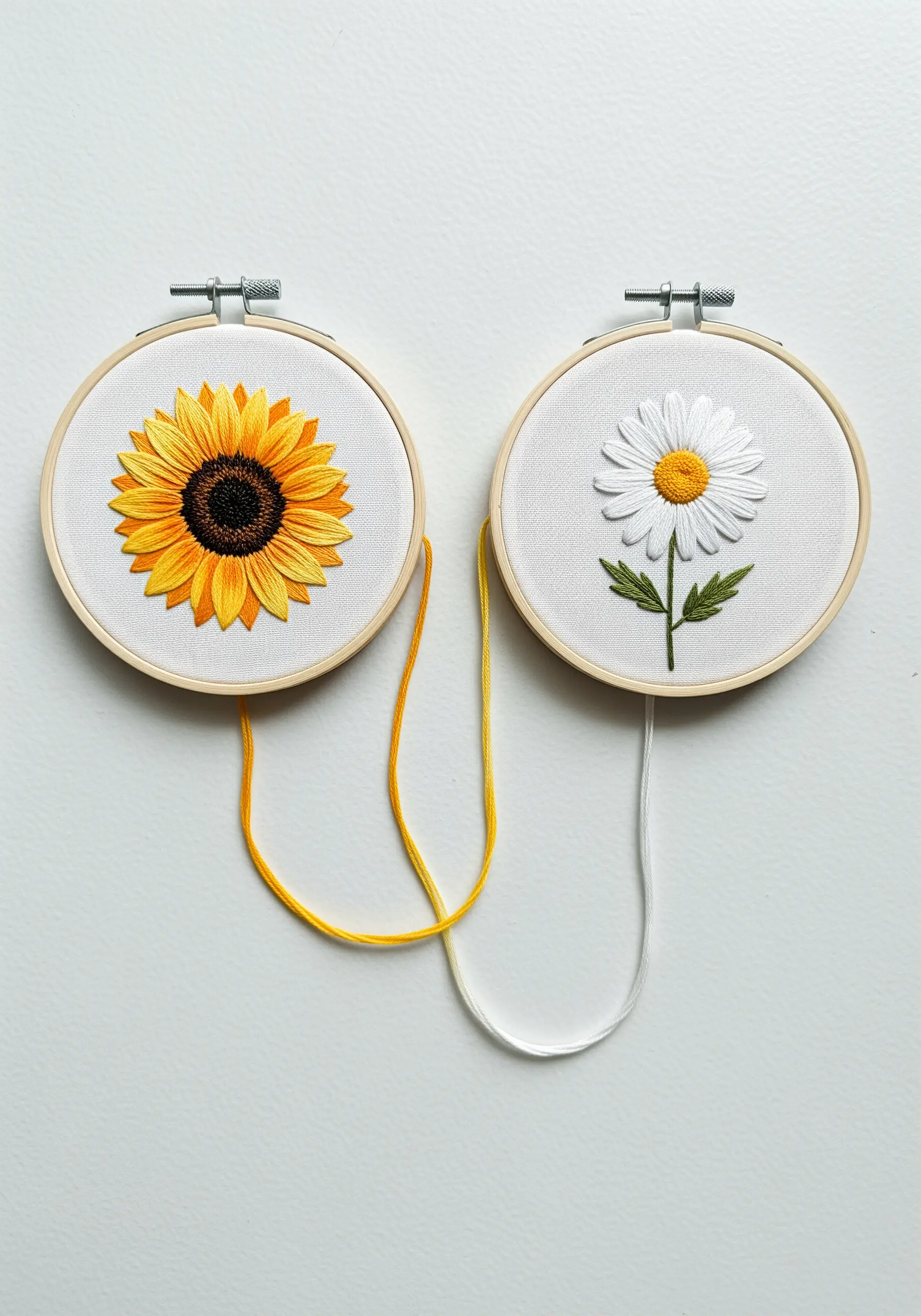 Two small embroidery hoops, one with a sunflower and one with a daisy, linked by loose threads.