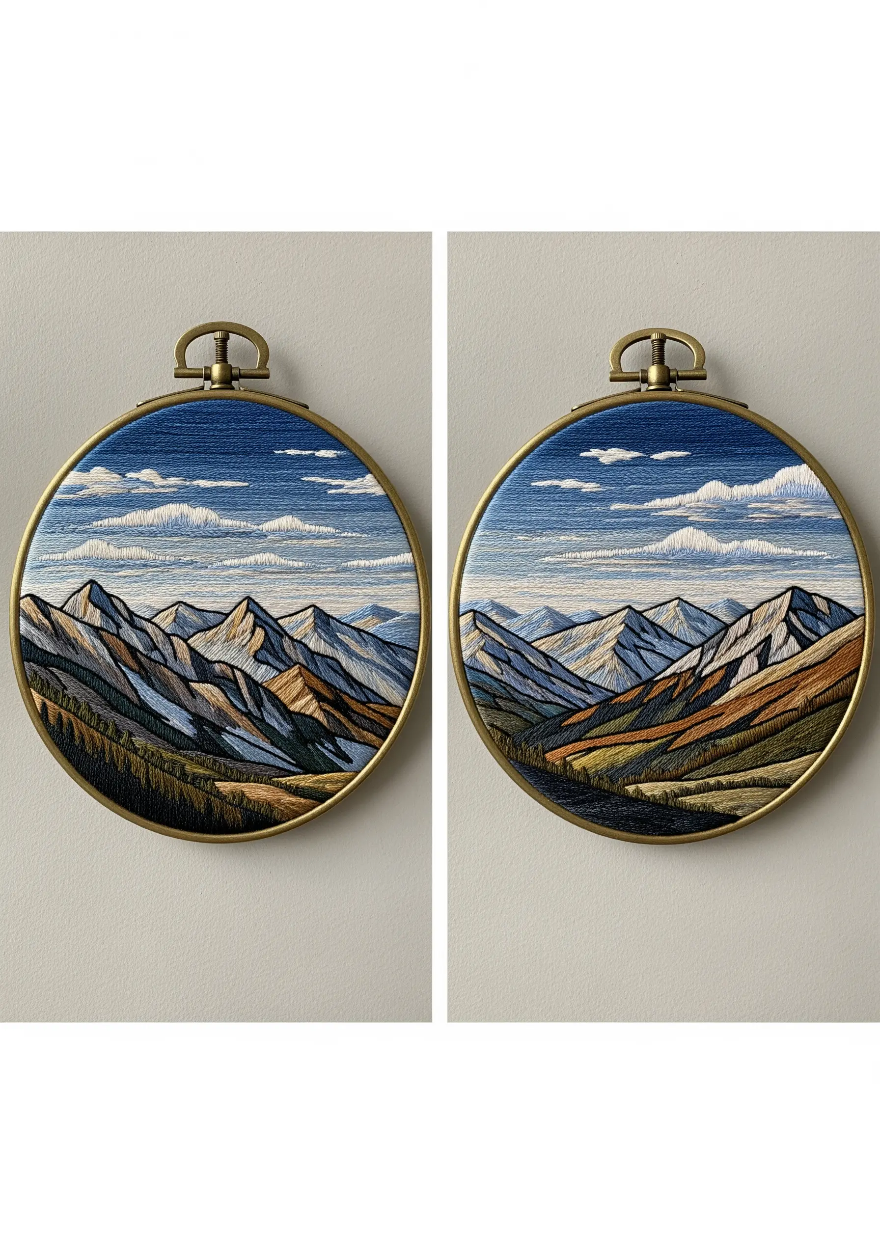 A diptych of two embroidery hoops showing a continuous mountain range scene.