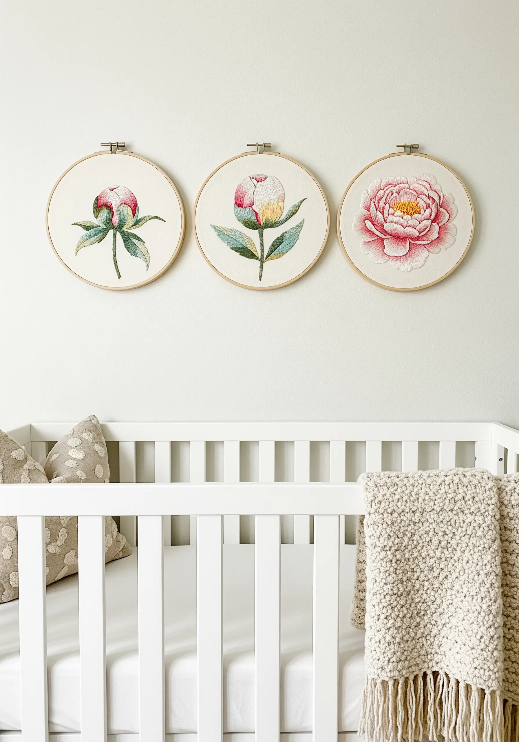 A set of three embroidery hoops showing a peony's growth from bud to full bloom.