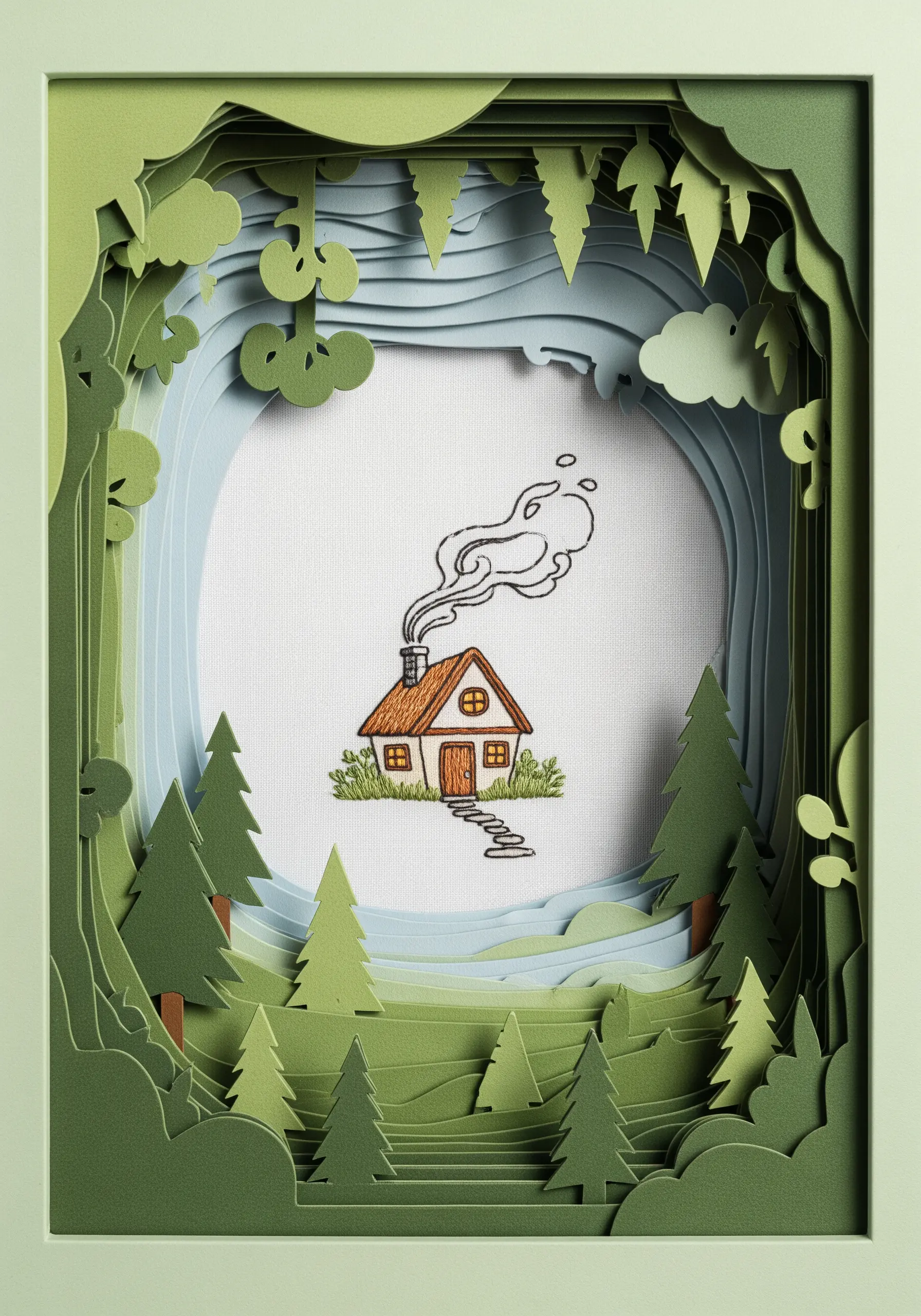 Embroidered cabin in a hoop framed by a 3D layered paper-cut forest landscape.