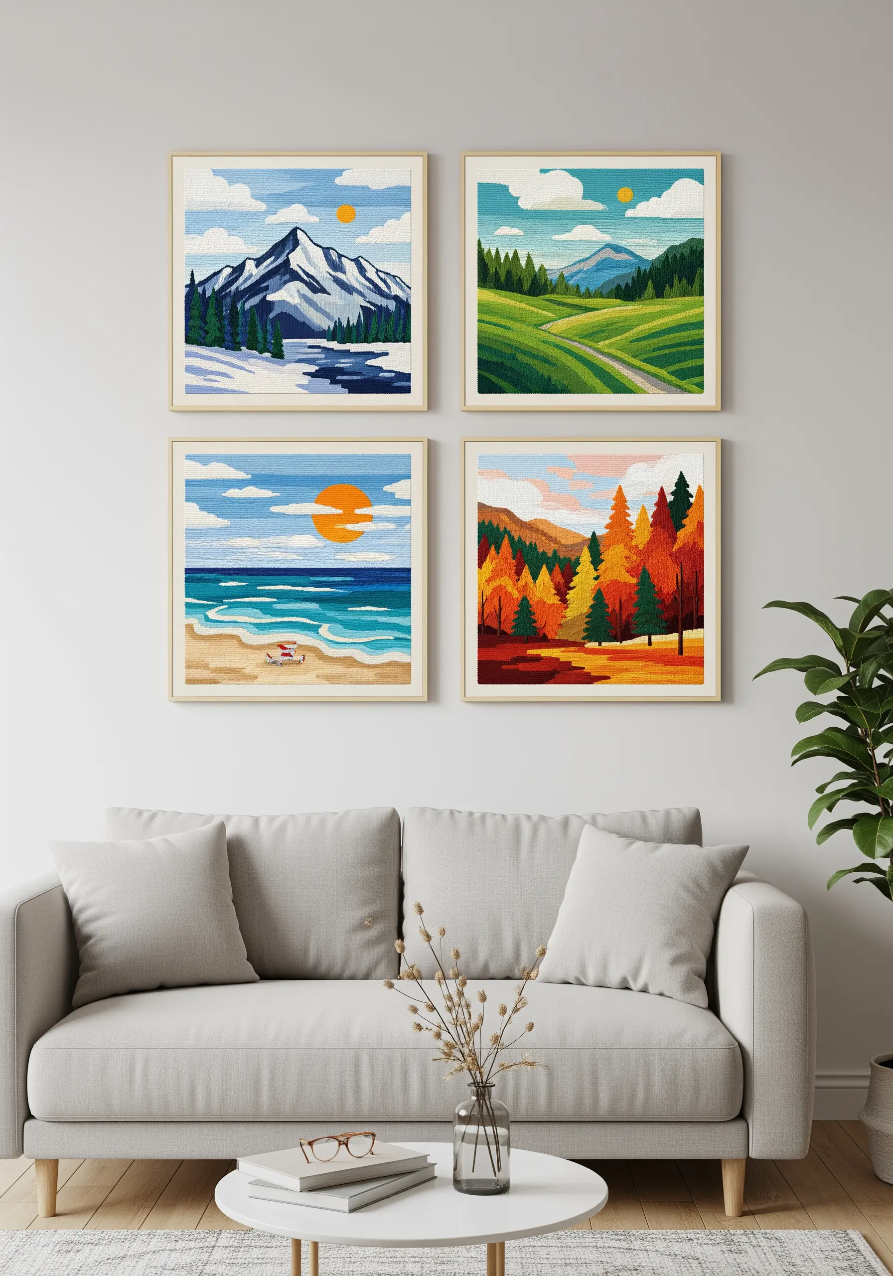 Four framed embroidery pieces showing graphic landscapes in different seasons: winter, spring, summer, fall.