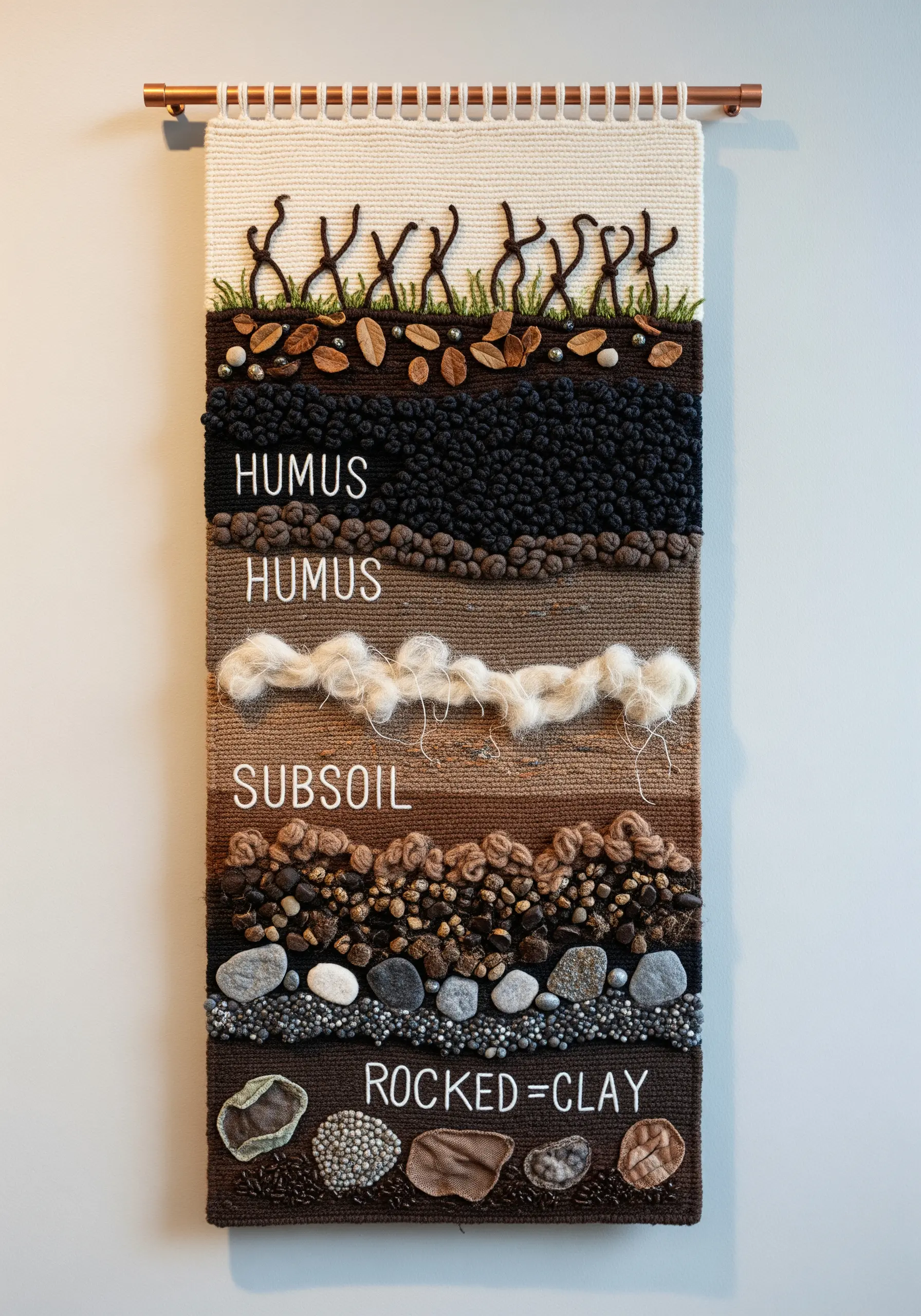 A woven and embroidered wall hanging showing the different layers of soil, with text labels.