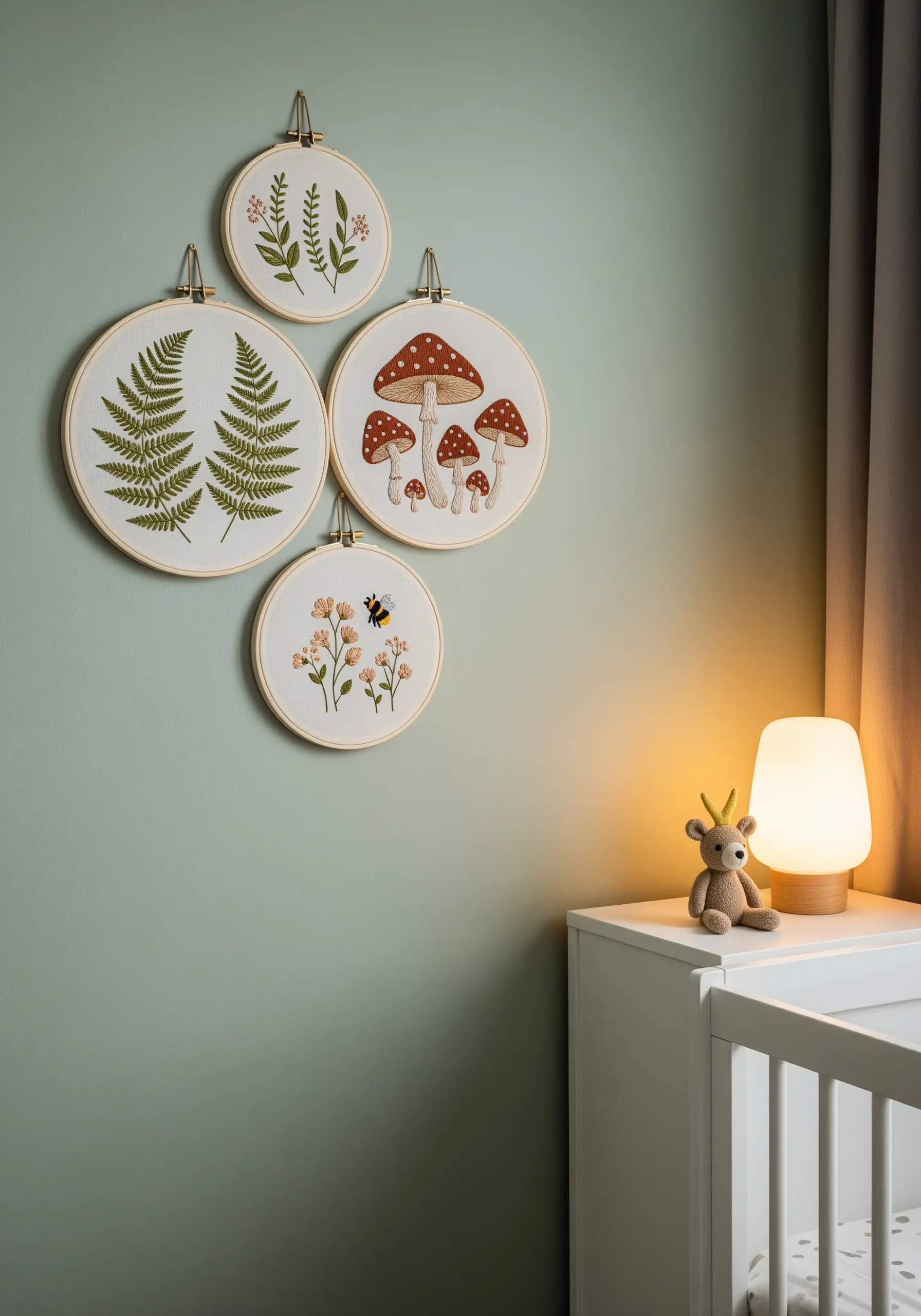 A gallery wall arrangement of four hoops with woodland motifs: ferns, mushrooms, and flowers.