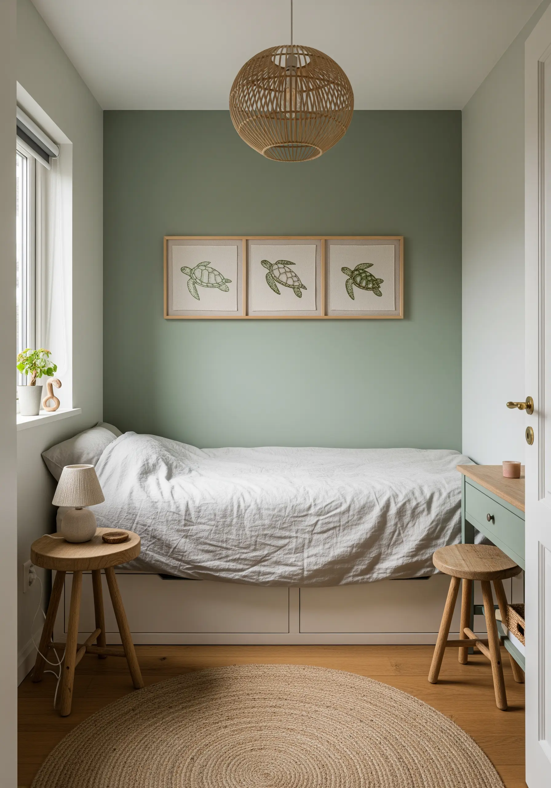 A triptych of three framed sea turtle embroideries, hanging horizontally on a sage green wall above a bed.