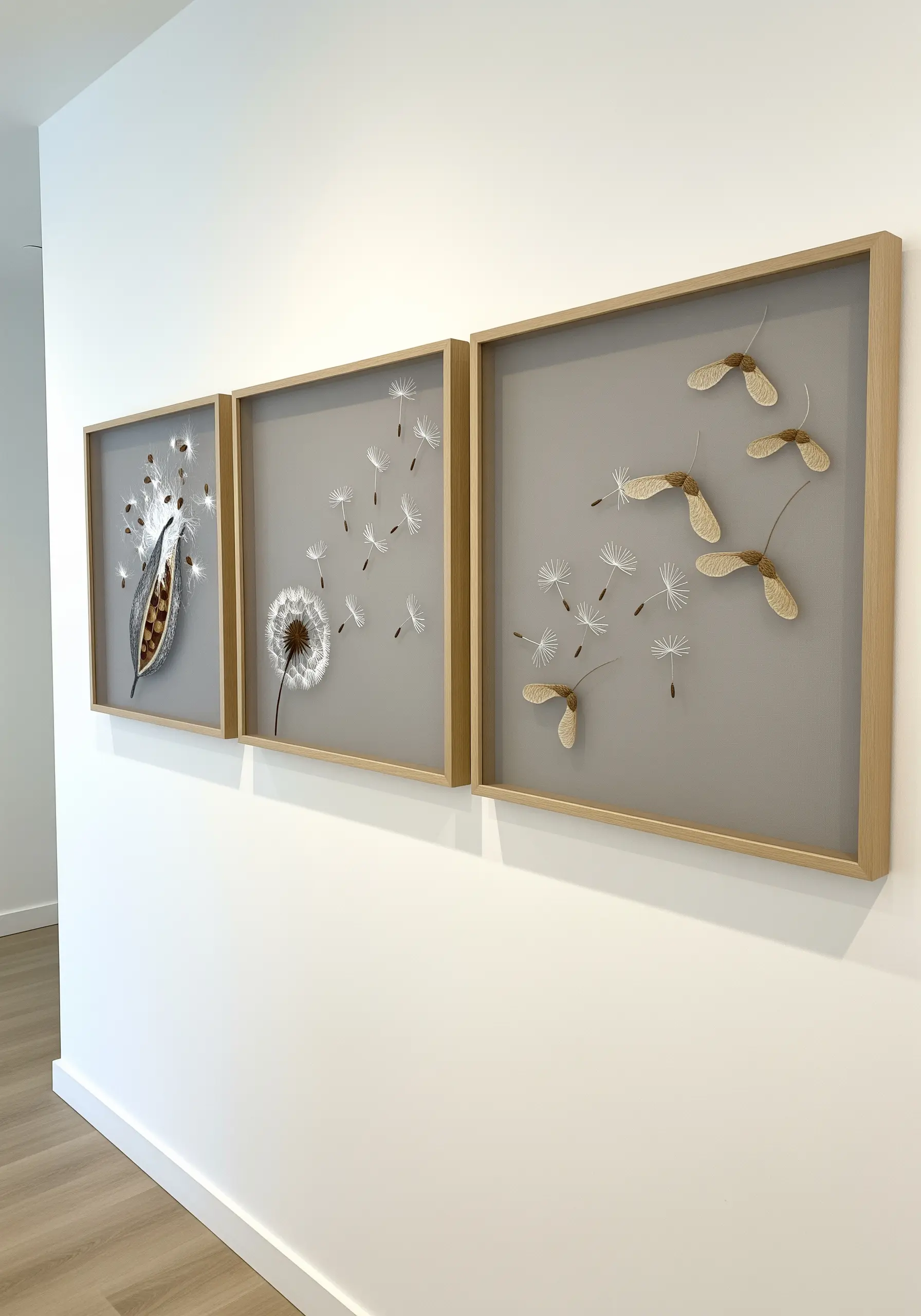 A triptych of framed embroidery showing dandelion seeds and maple keys floating across three panels.