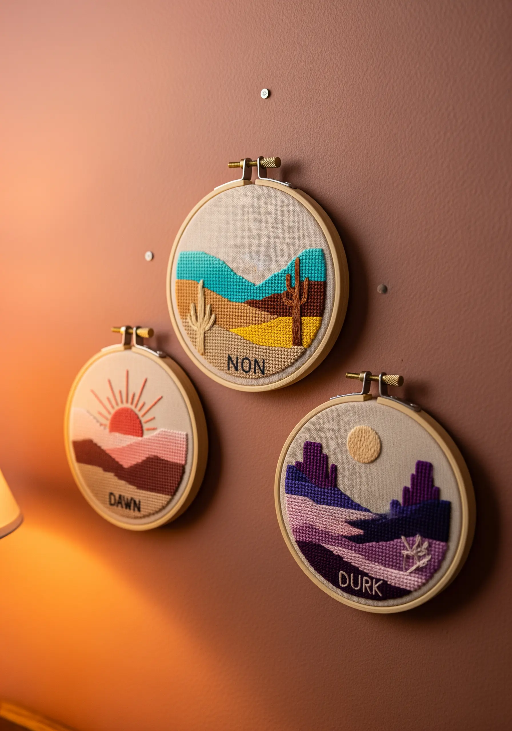 Three small embroidery hoops depicting desert landscapes at dawn, noon, and dusk.