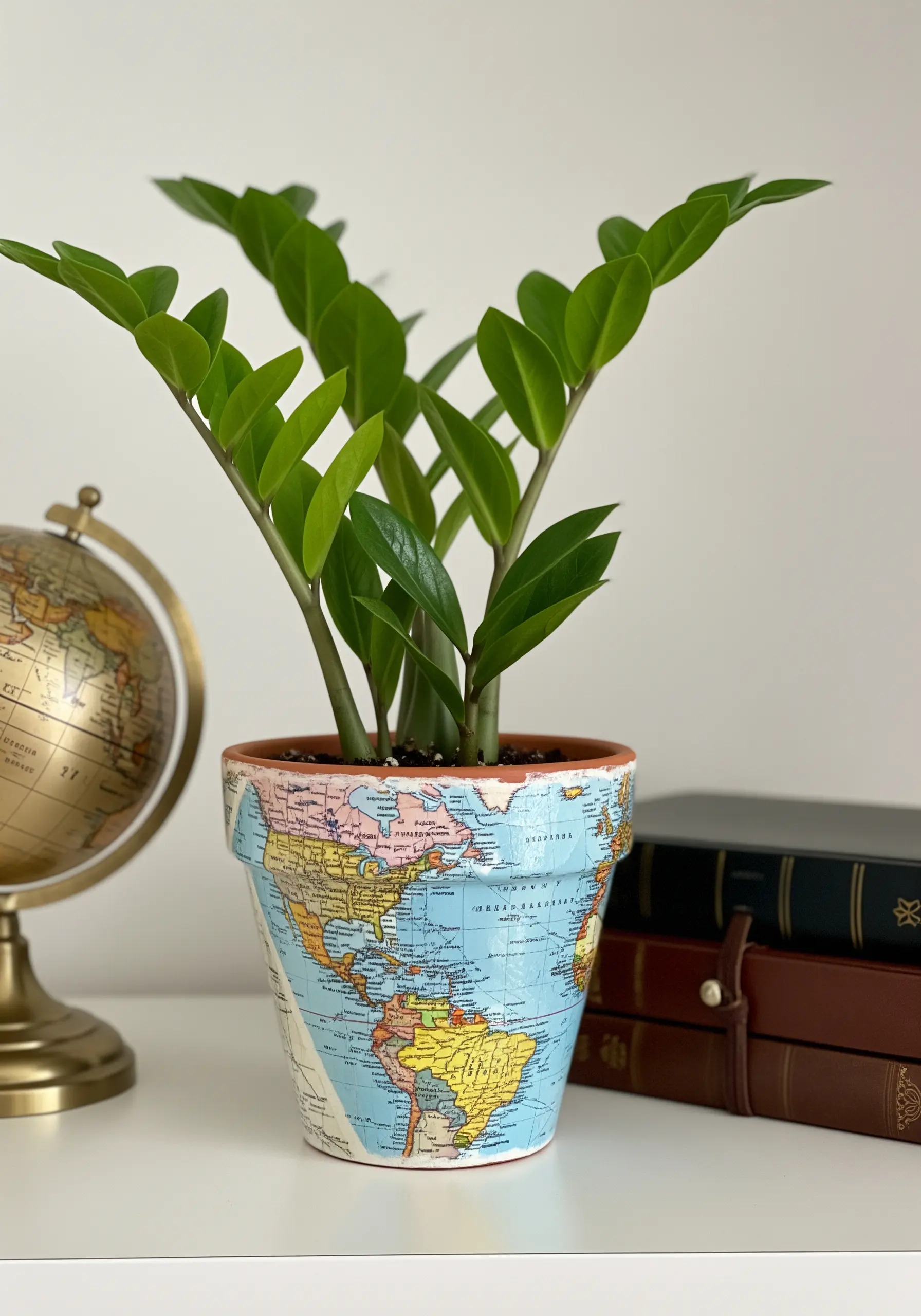 A terracotta plant pot covered in collaged pieces of a colorful vintage world map.