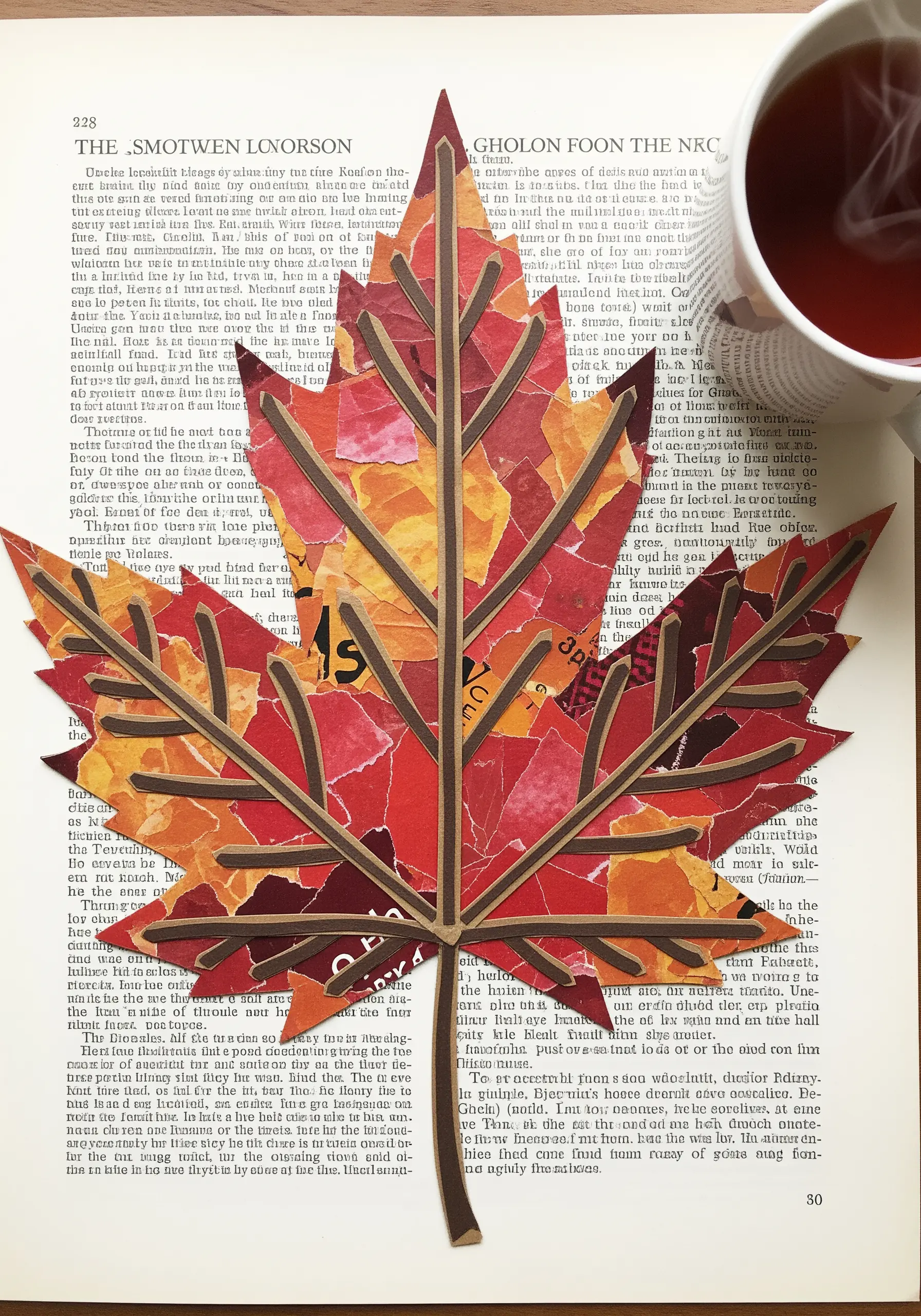An autumn leaf silhouette filled with a collage of warm-toned magazine paper.