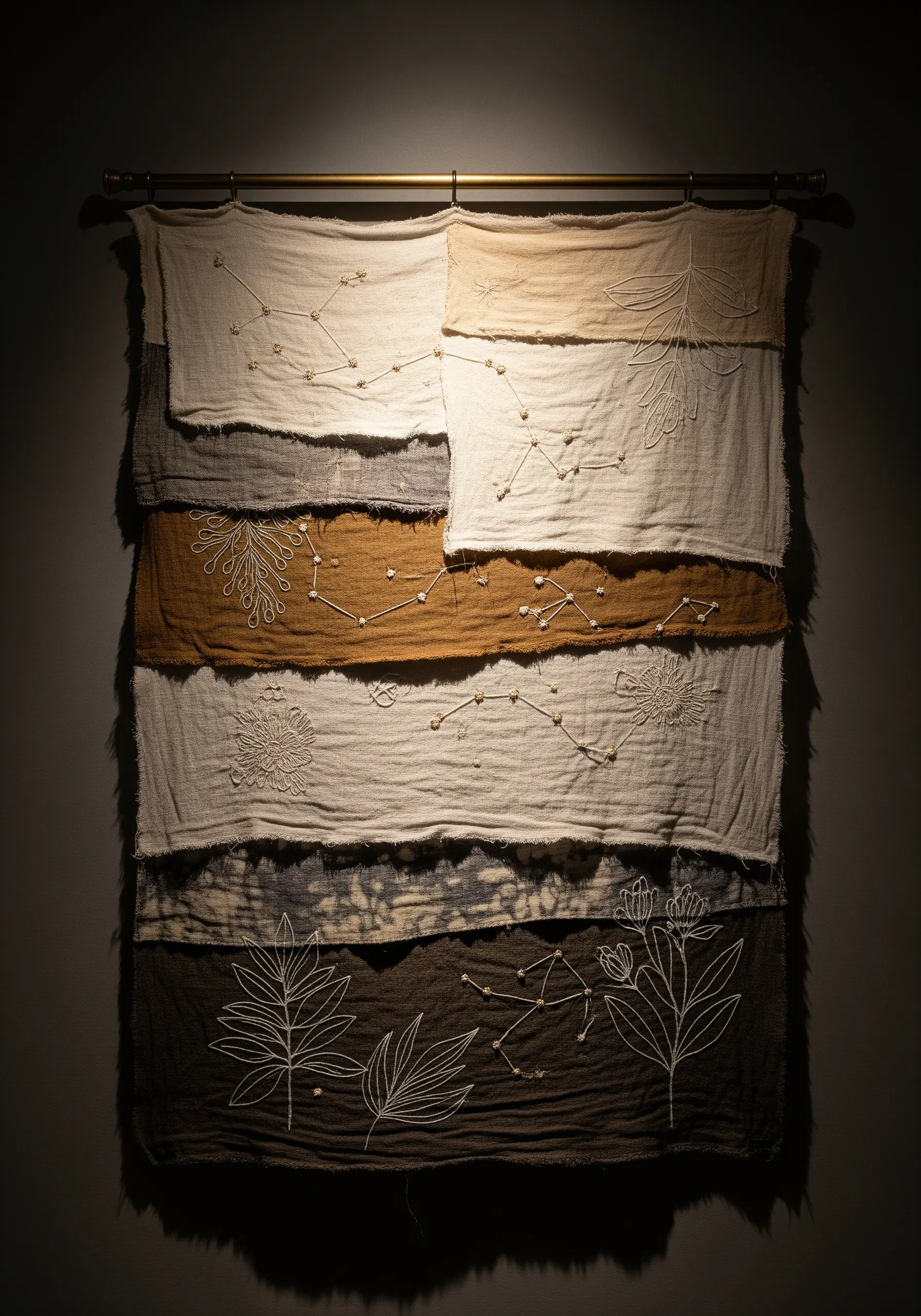 Layered fabric wall hanging with minimalist botanical and constellation embroidery.