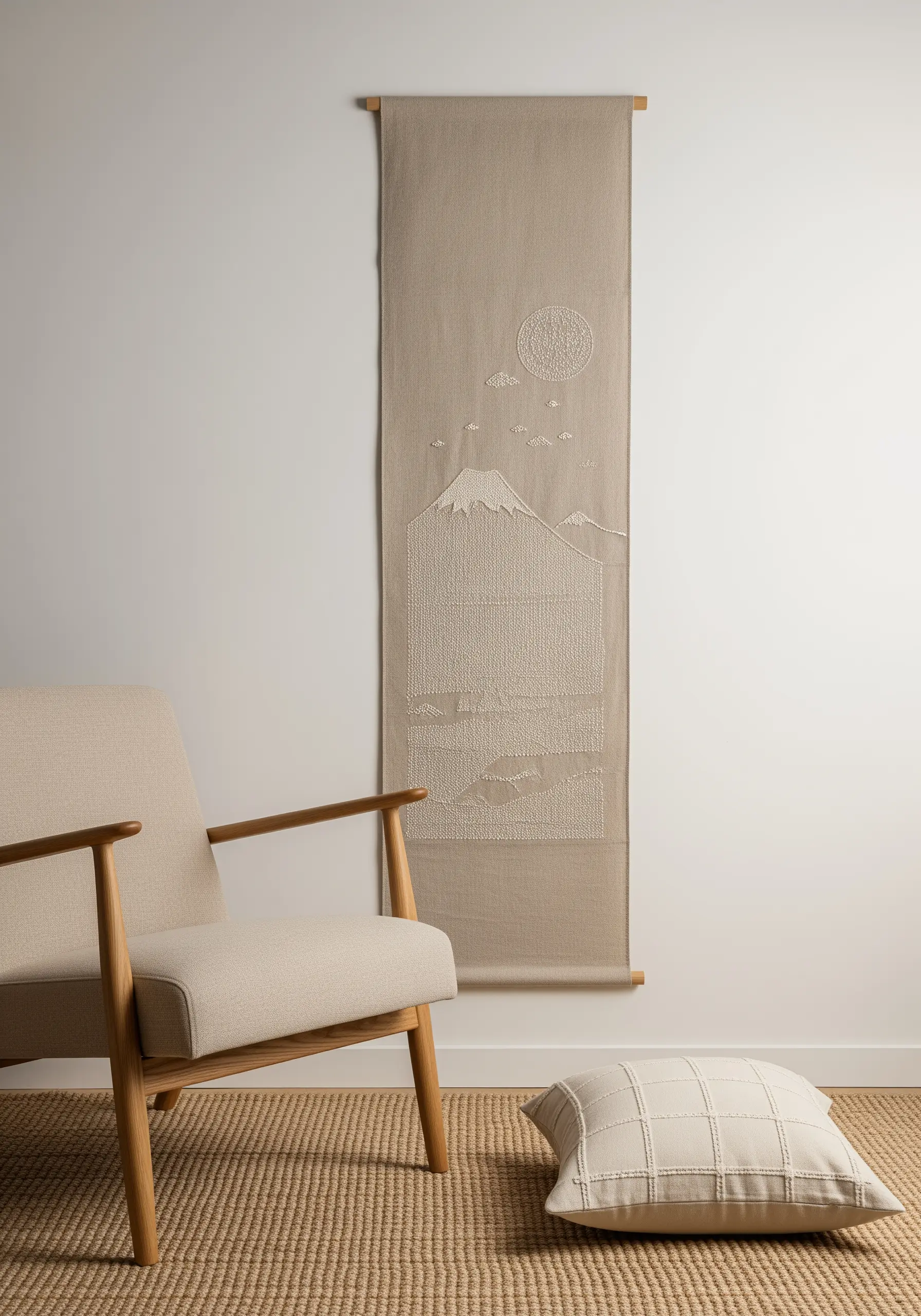 Minimalist line art of a mountain landscape stitched in white on a linen wall hanging.