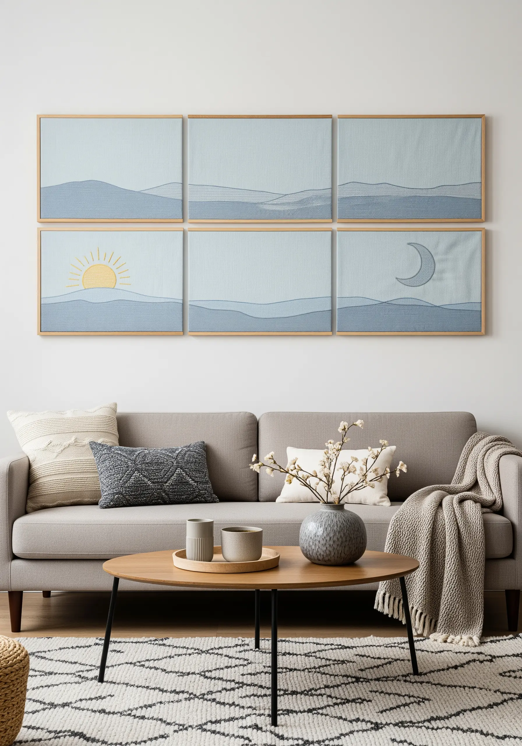 A six-panel embroidery piece showing a minimal landscape with a sun and moon