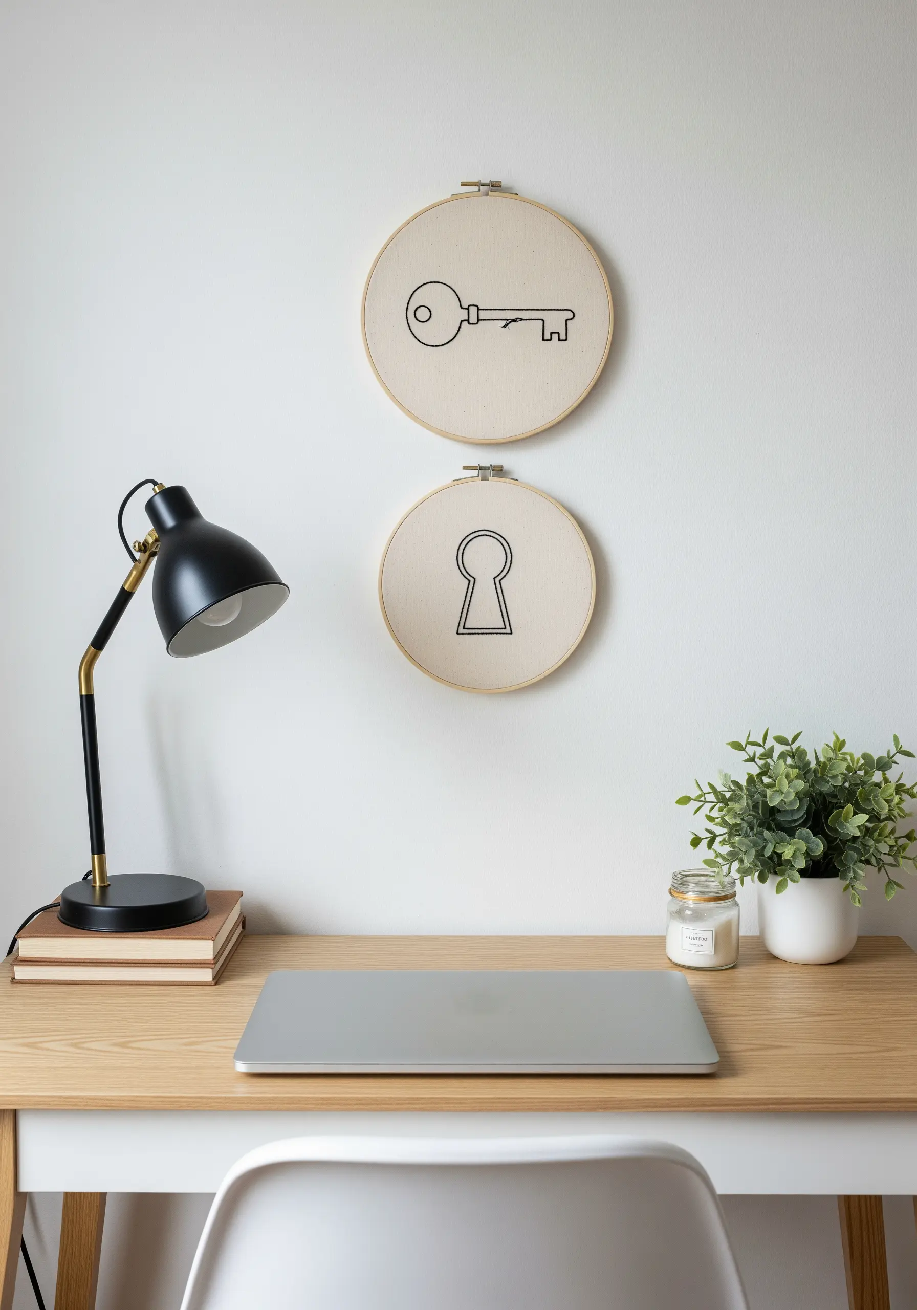 Two embroidery hoops featuring minimalist line art of a key and a keyhole.
