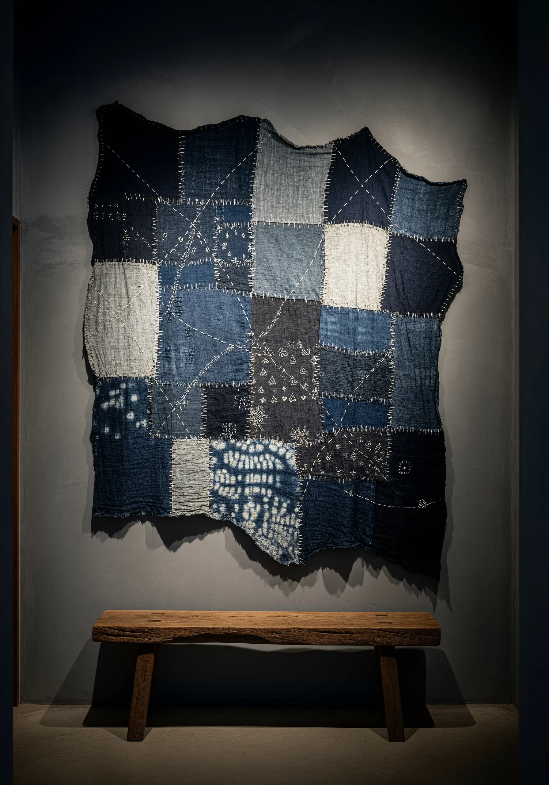 Large patchwork wall hanging made of indigo and white fabric squares with sashiko stitching.