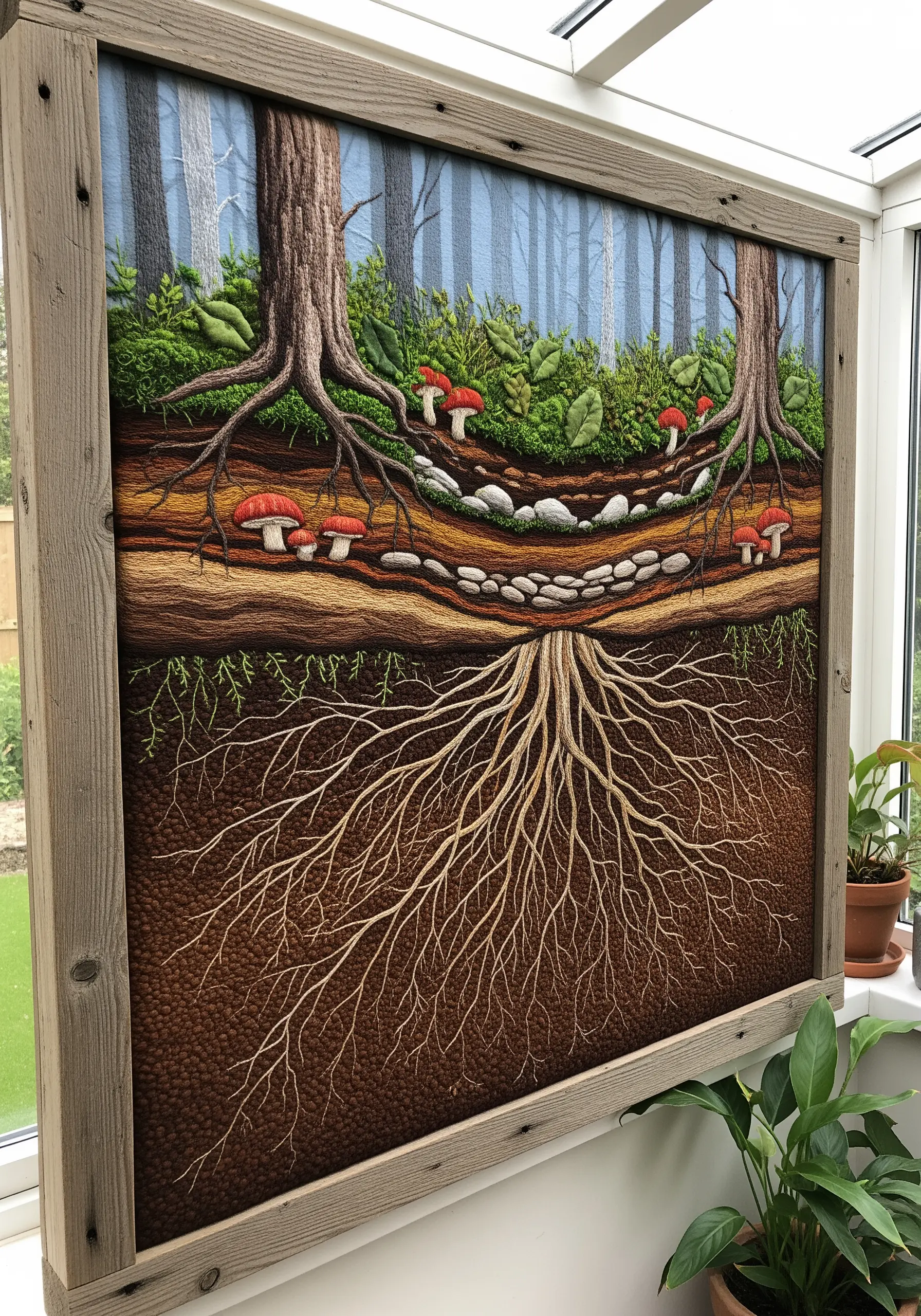 A large, framed embroidery depicting a cross-section of a forest floor, trees, and roots.
