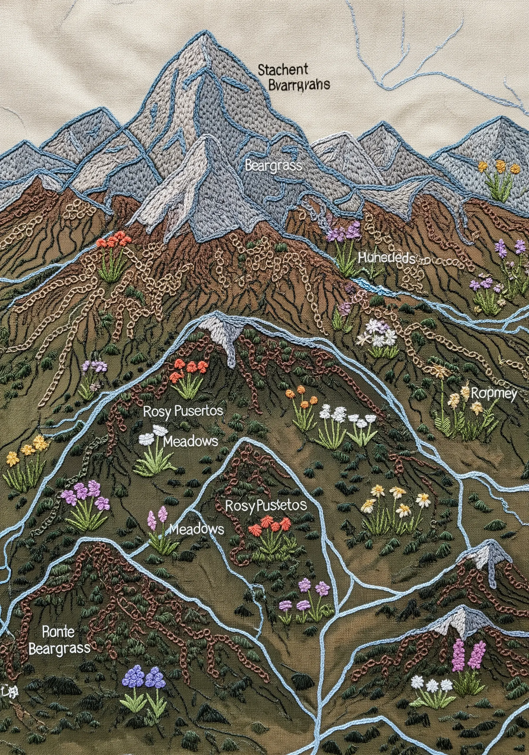 A detailed embroidered map showing mountain ranges, rivers, and labeled wildflower meadows