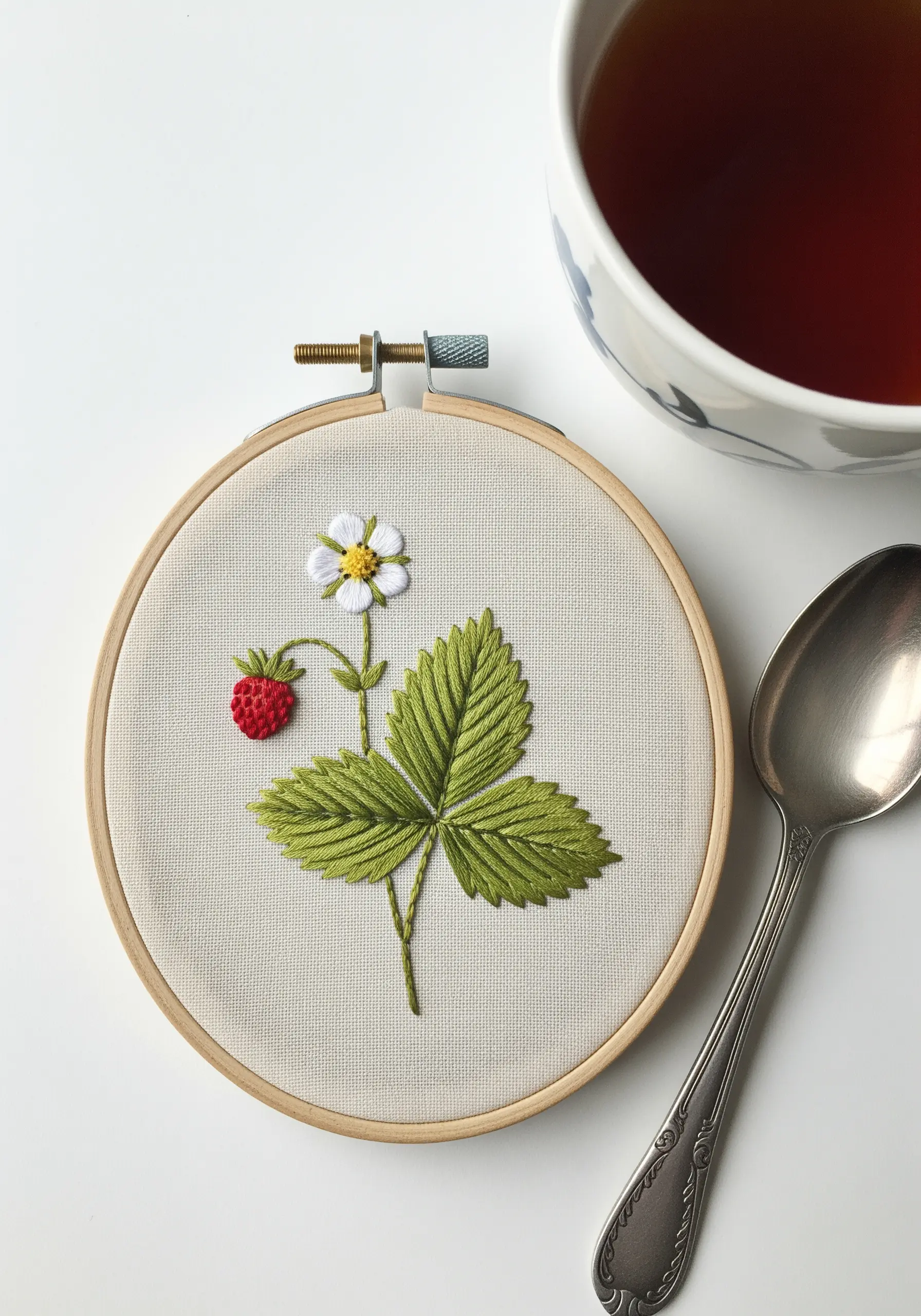 A wild strawberry plant with a berry, flower, and leaf embroidered in a hoop