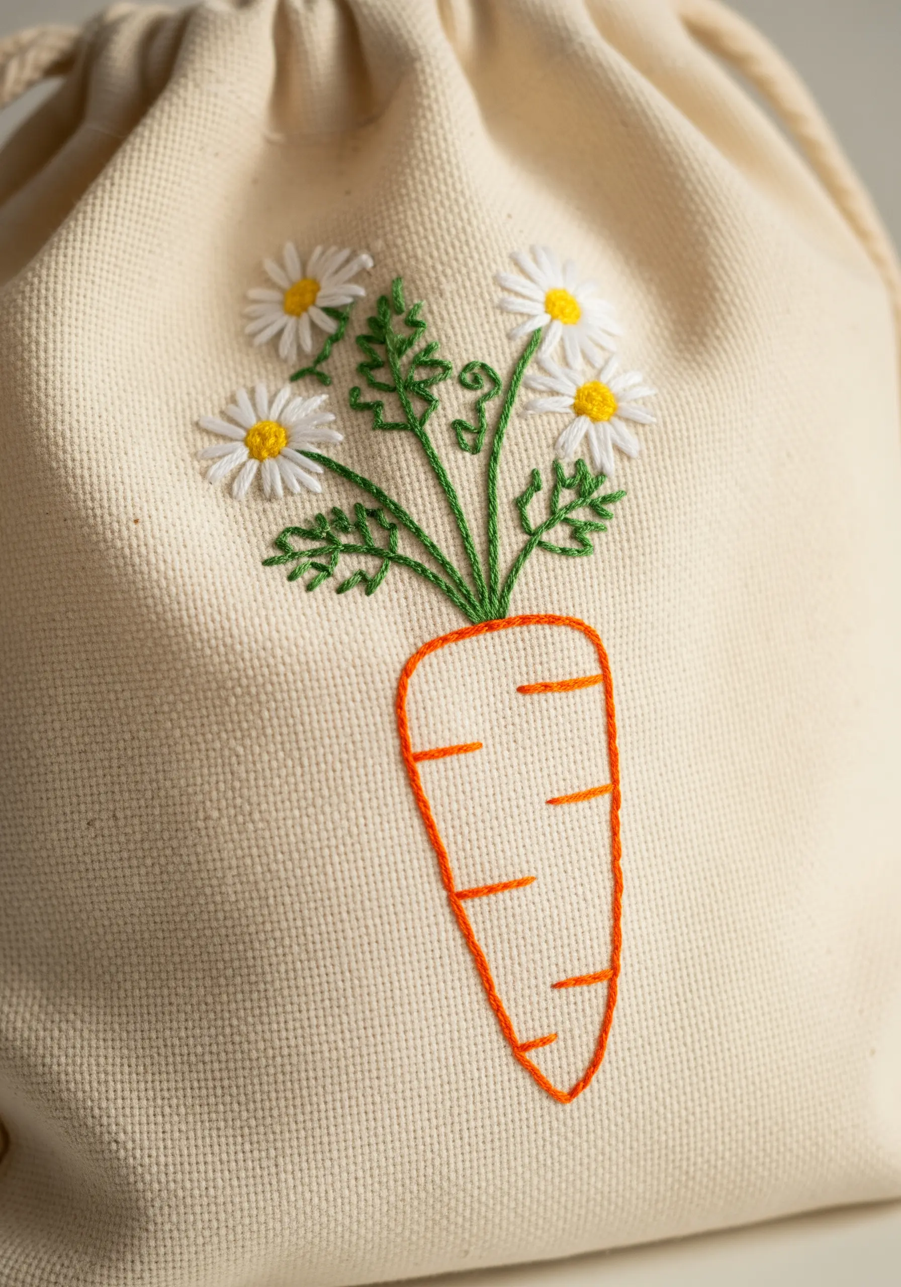 A whimsical embroidery of a carrot acting as a vase for a bouquet of daisies.