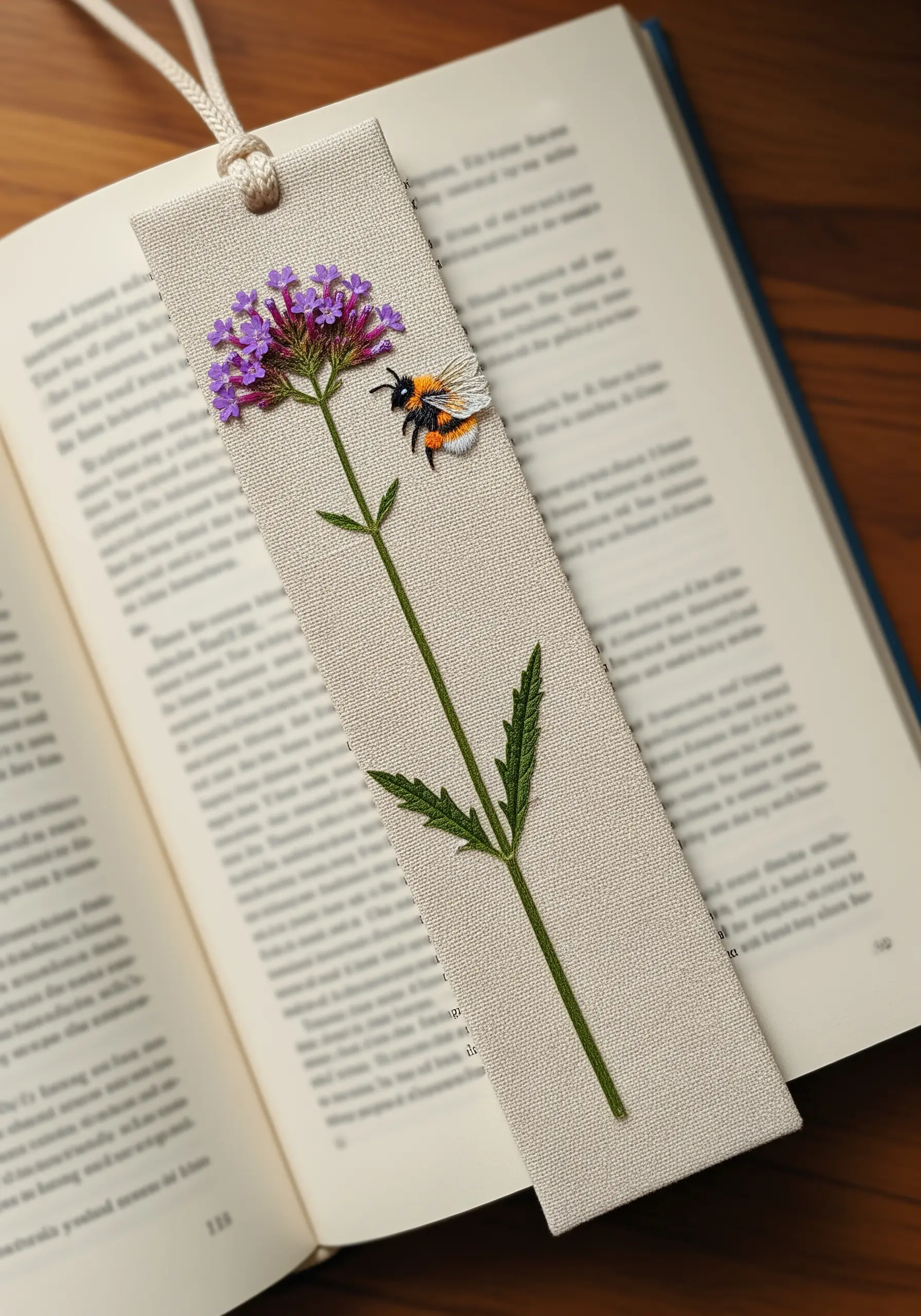A bookmark with a pressed verbena flower and a small embroidered bumblebee.