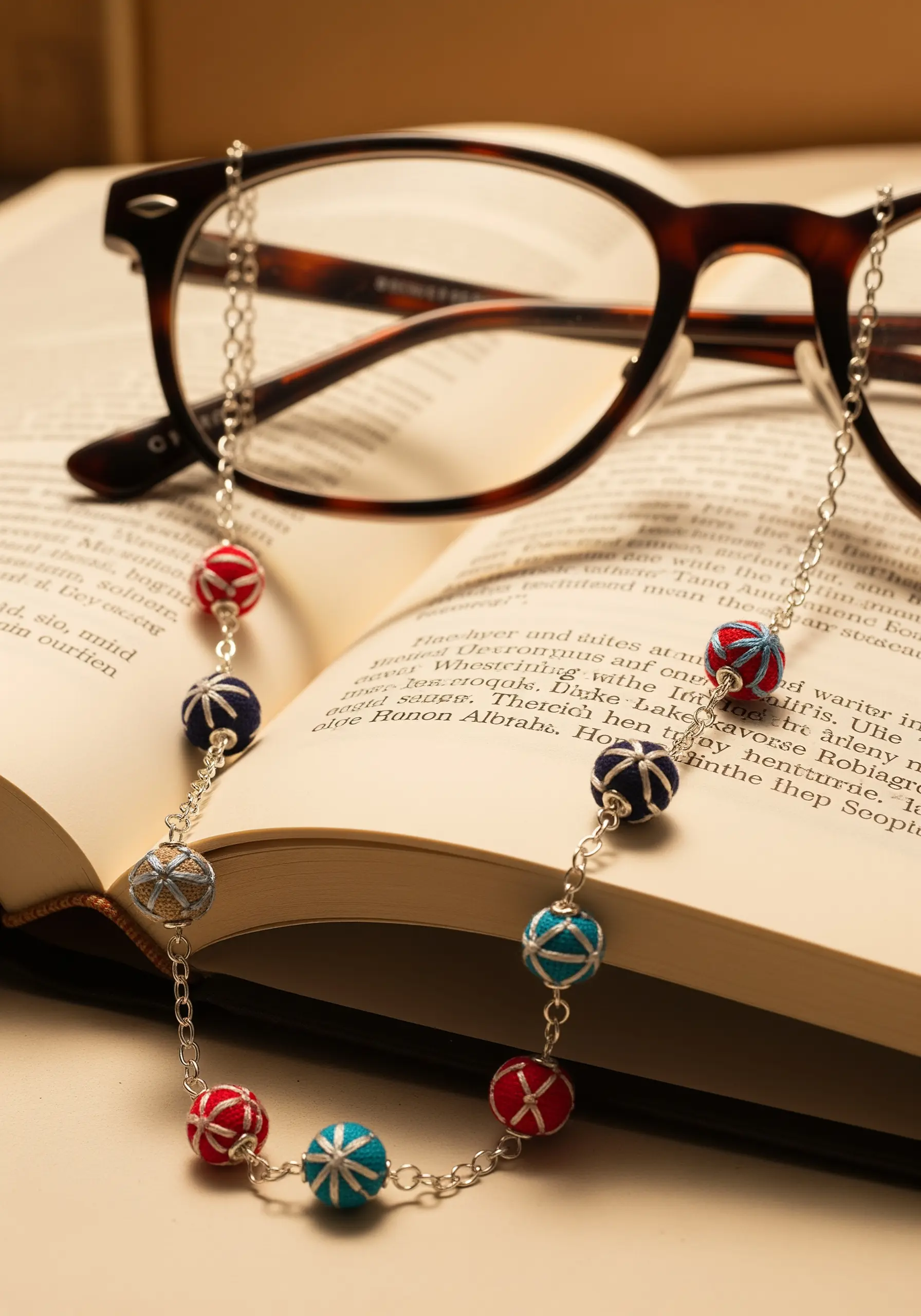 An eyeglass chain featuring small, spherical beads wrapped in red, blue, and silver threads.