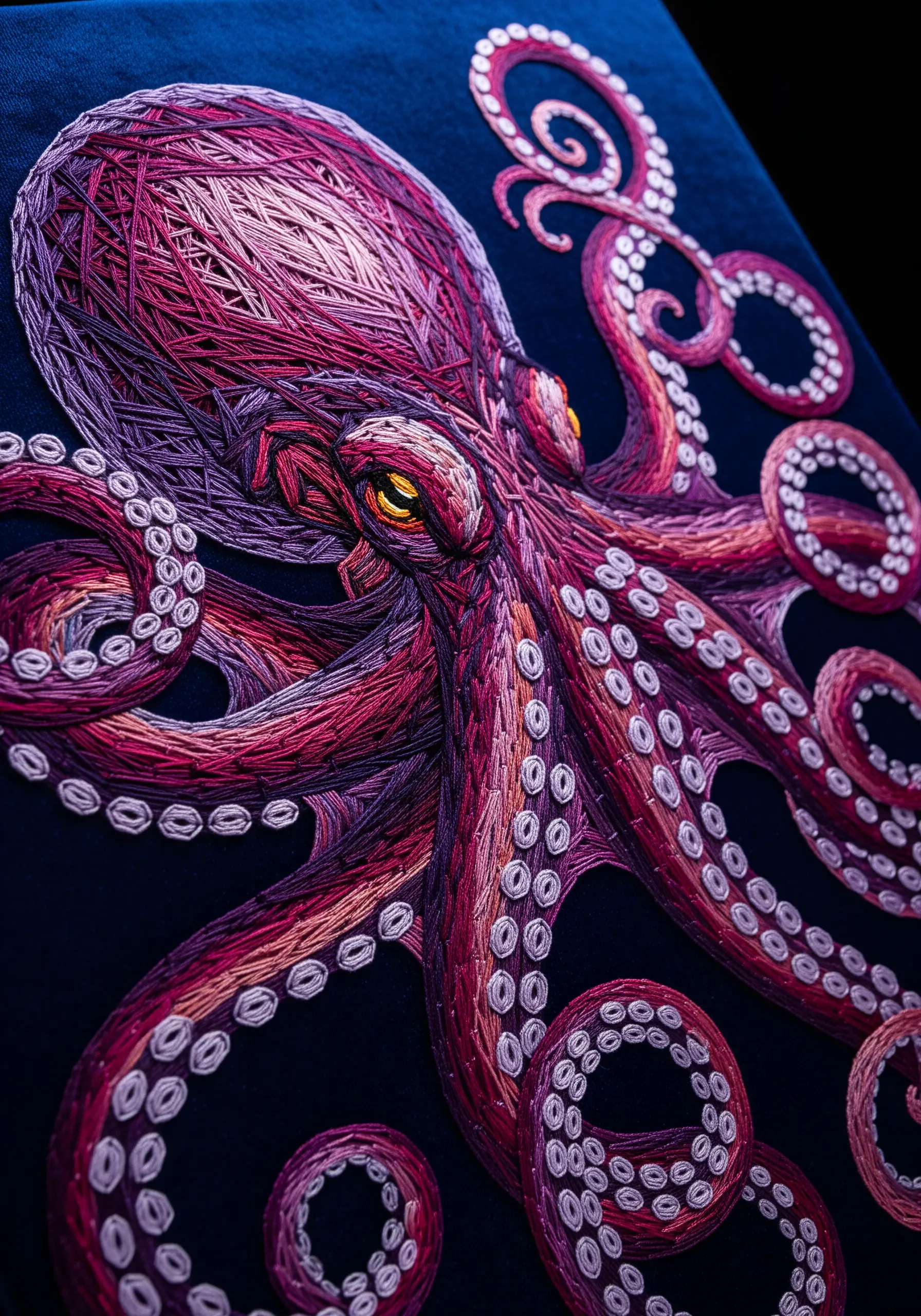 Detailed string art octopus in shades of purple and magenta on a dark blue velvet background.